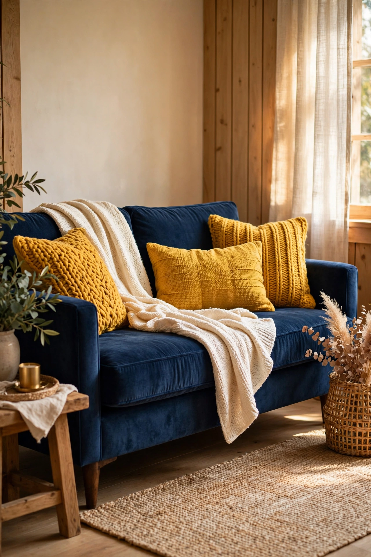 Mustard yellow pillows on a navy blue sofa in a cozy living room