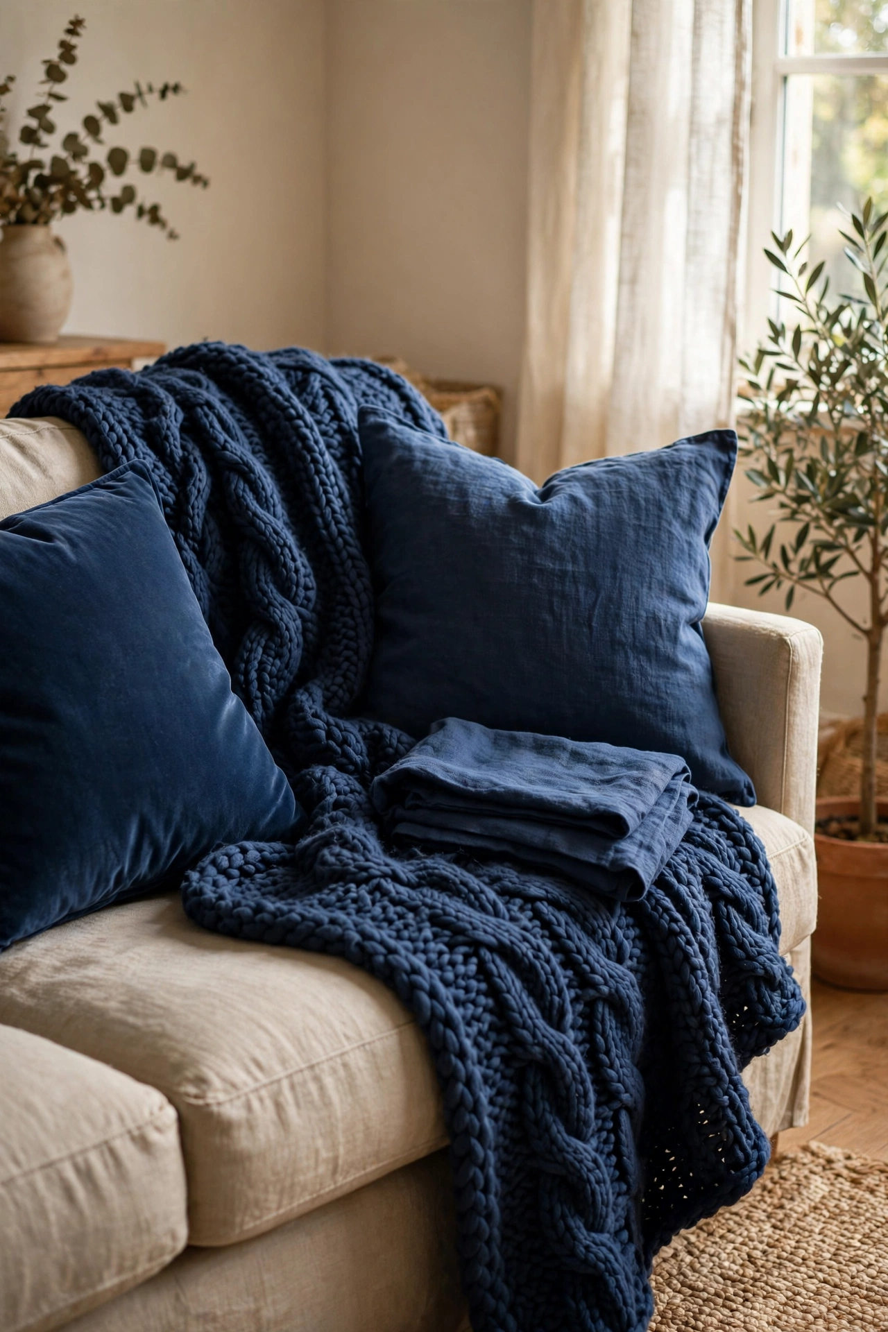Layered navy blue textiles in velvet knit and linen on a sofa