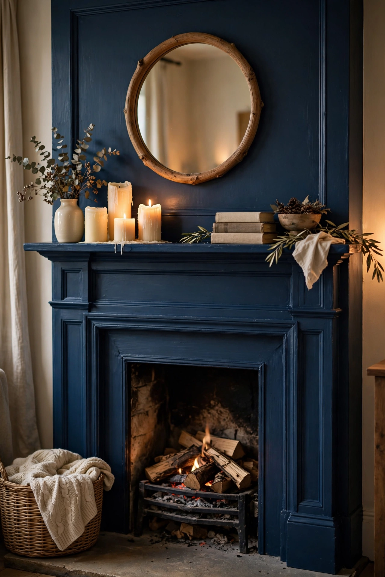 Brick fireplace painted navy blue with cream candles and wood mirror on mantel