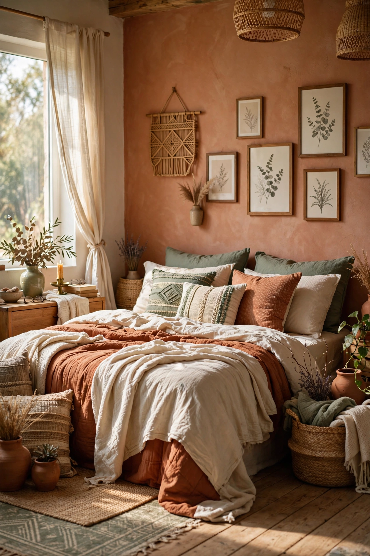 Boho bed layered in terracotta, cream and sage earthy tones