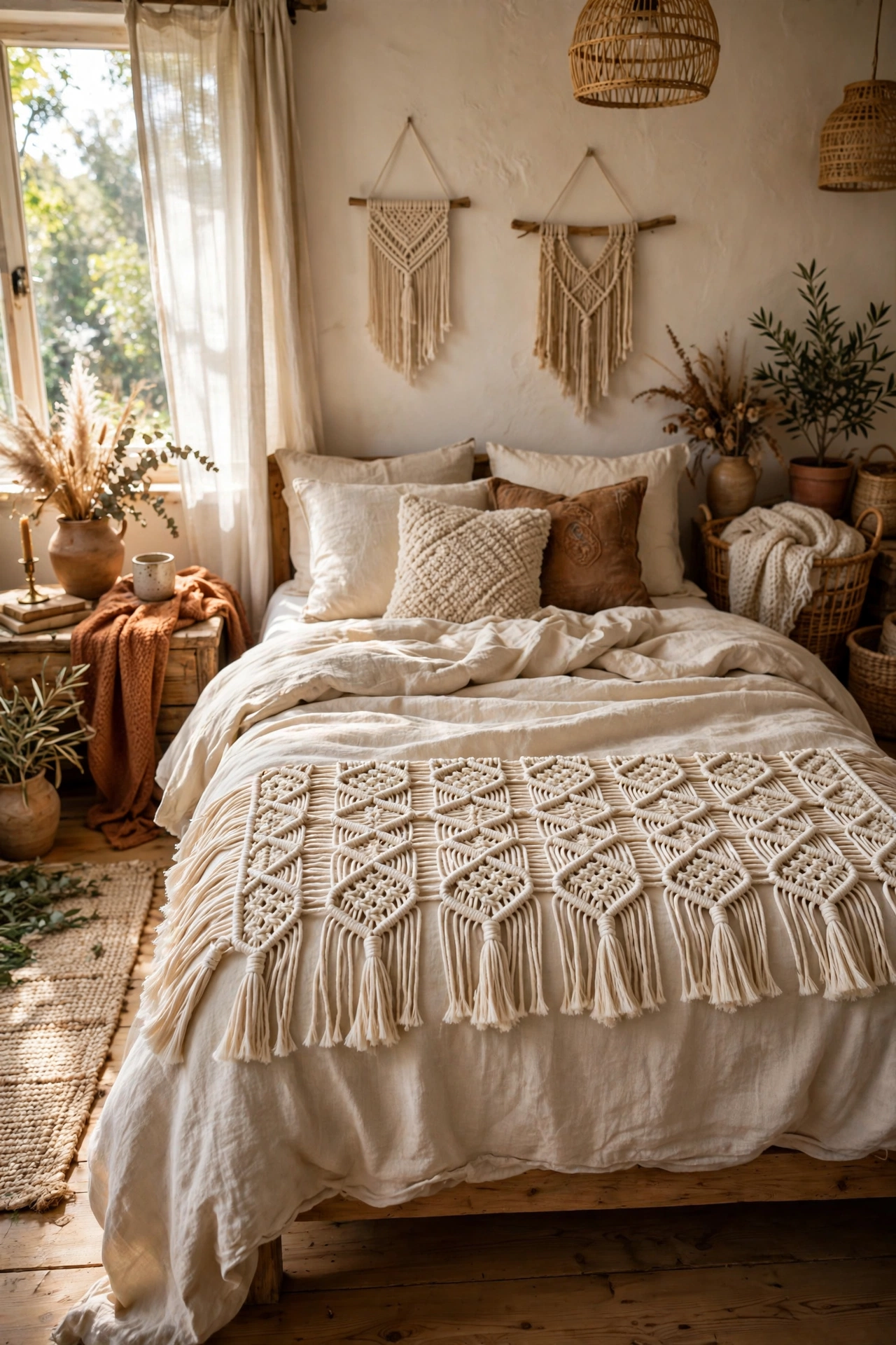 Cream macrame runner folded at the foot of a boho bed