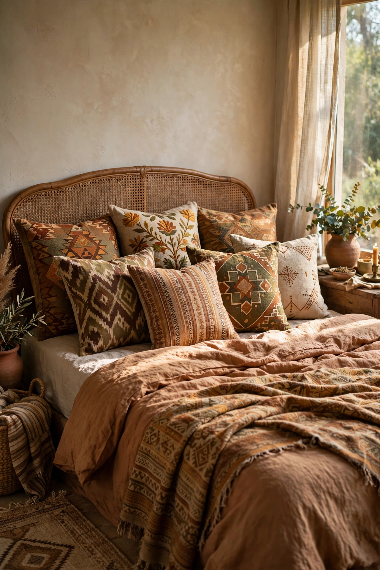 Boho bed with curated patterned throw pillows in earthy tones