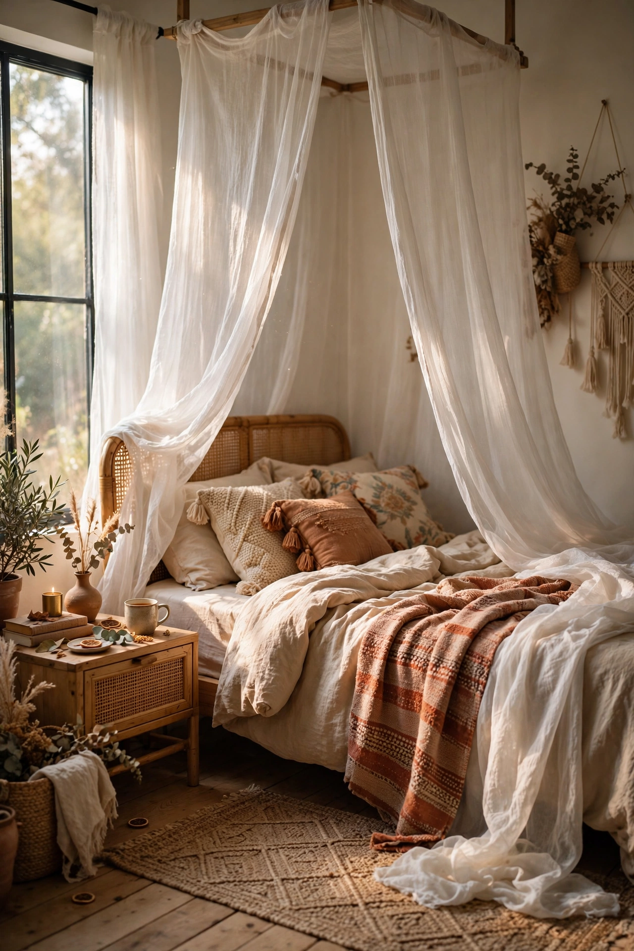 Sheer white canopy drapes hung from the ceiling over a boho bed