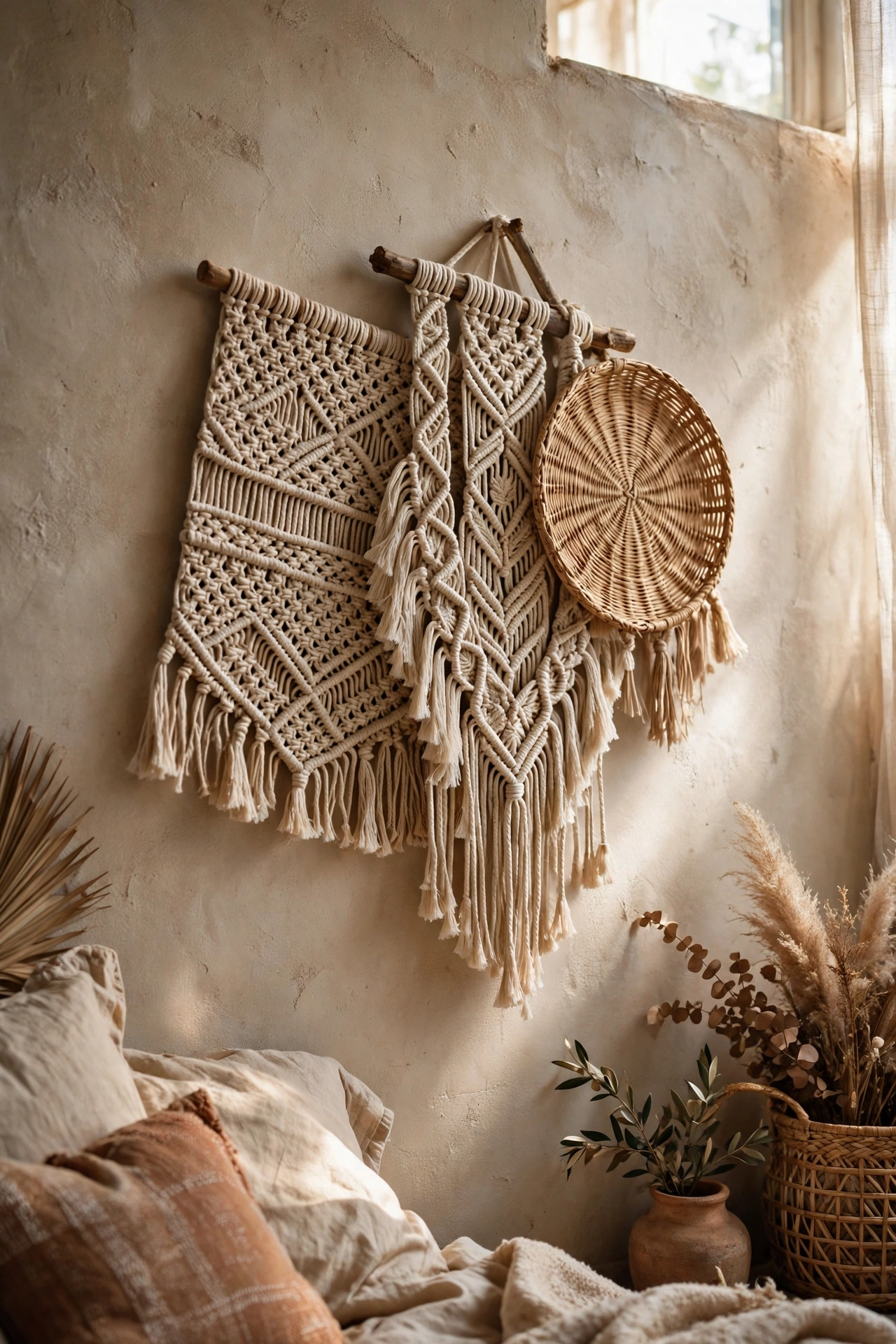 Cluster of three woven and macrame wall hangings in a boho bedroom