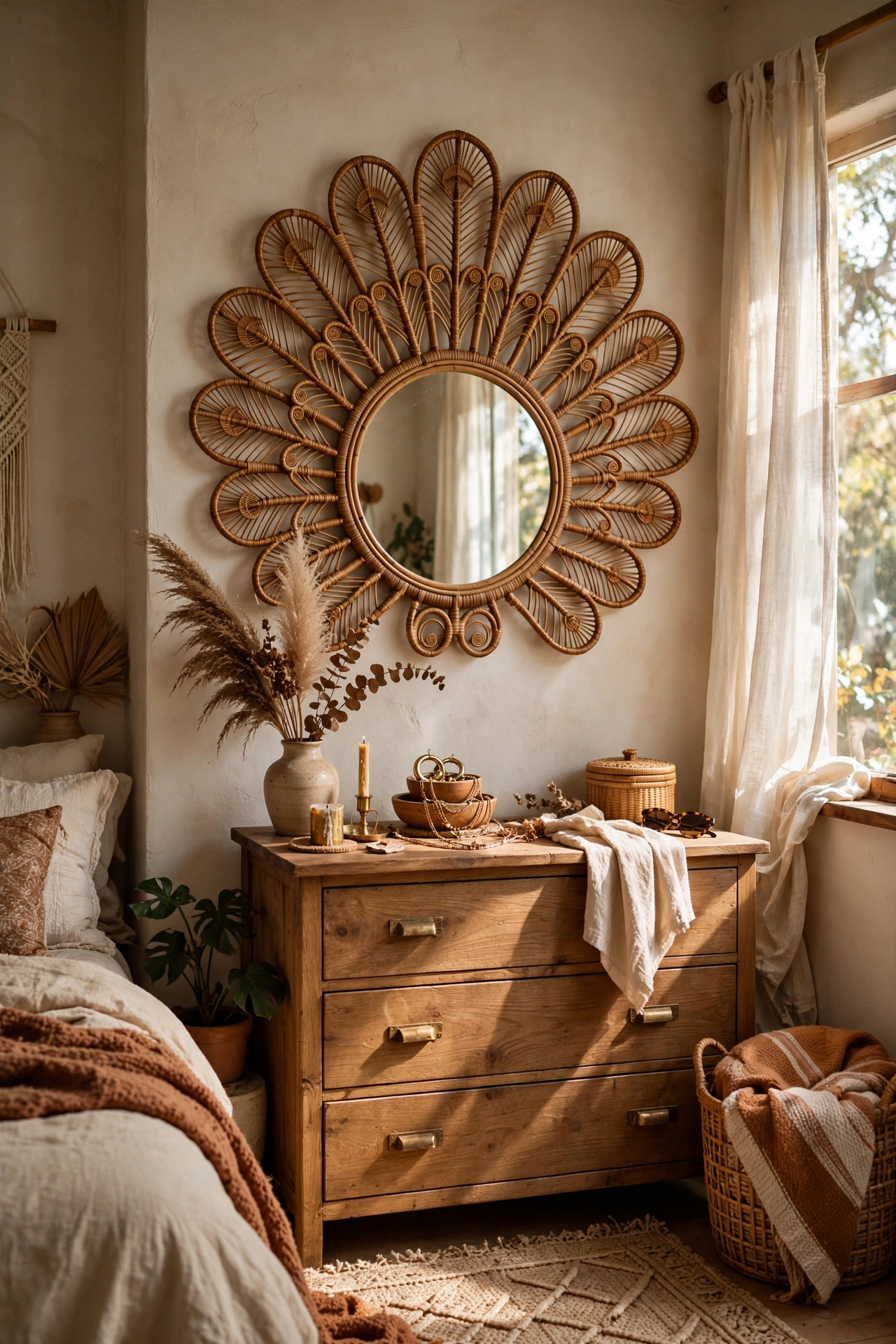 Peacock-style rattan mirror hung over a dresser in a boho bedroom