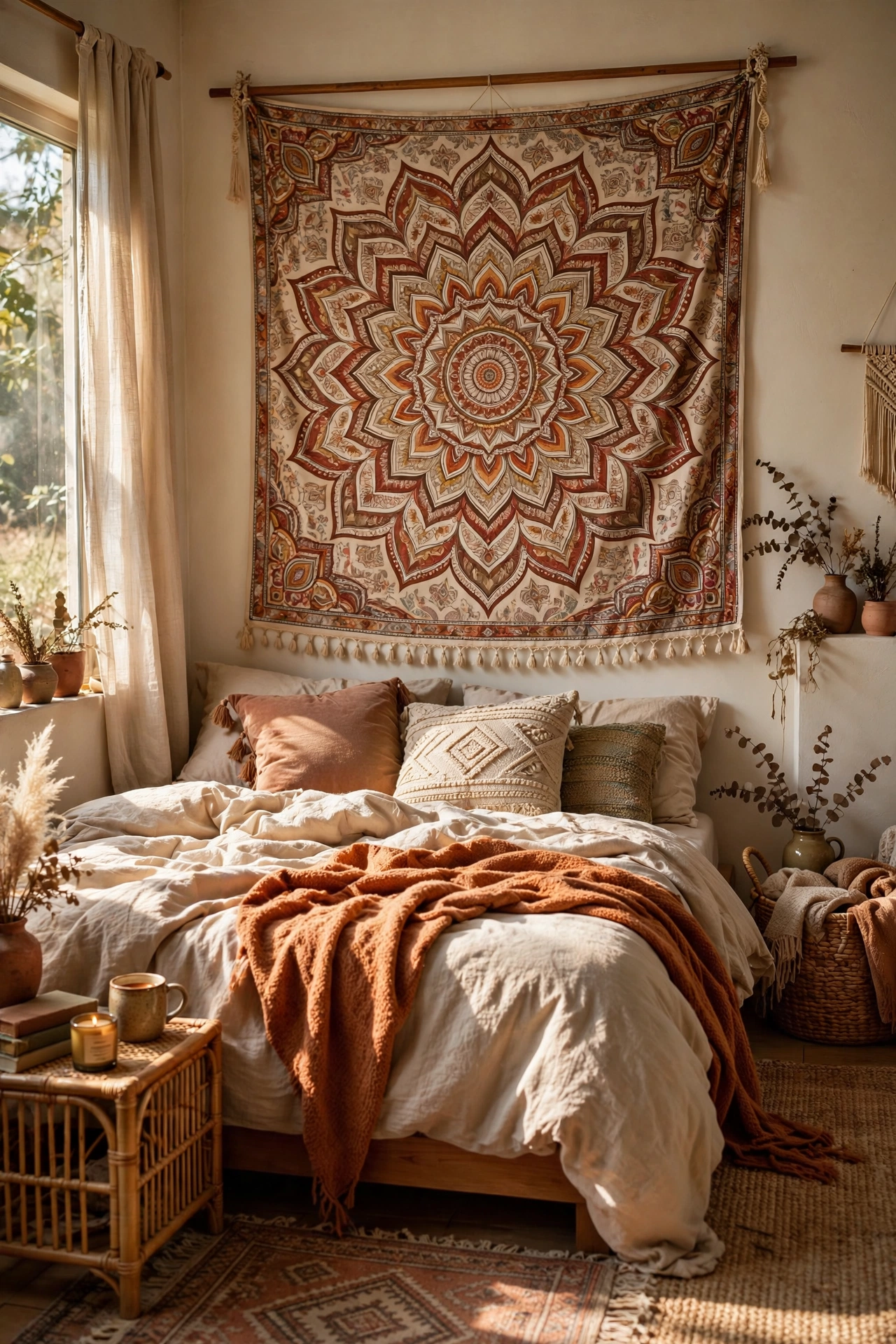Mandala tapestry hung behind the bed in a boho bedroom