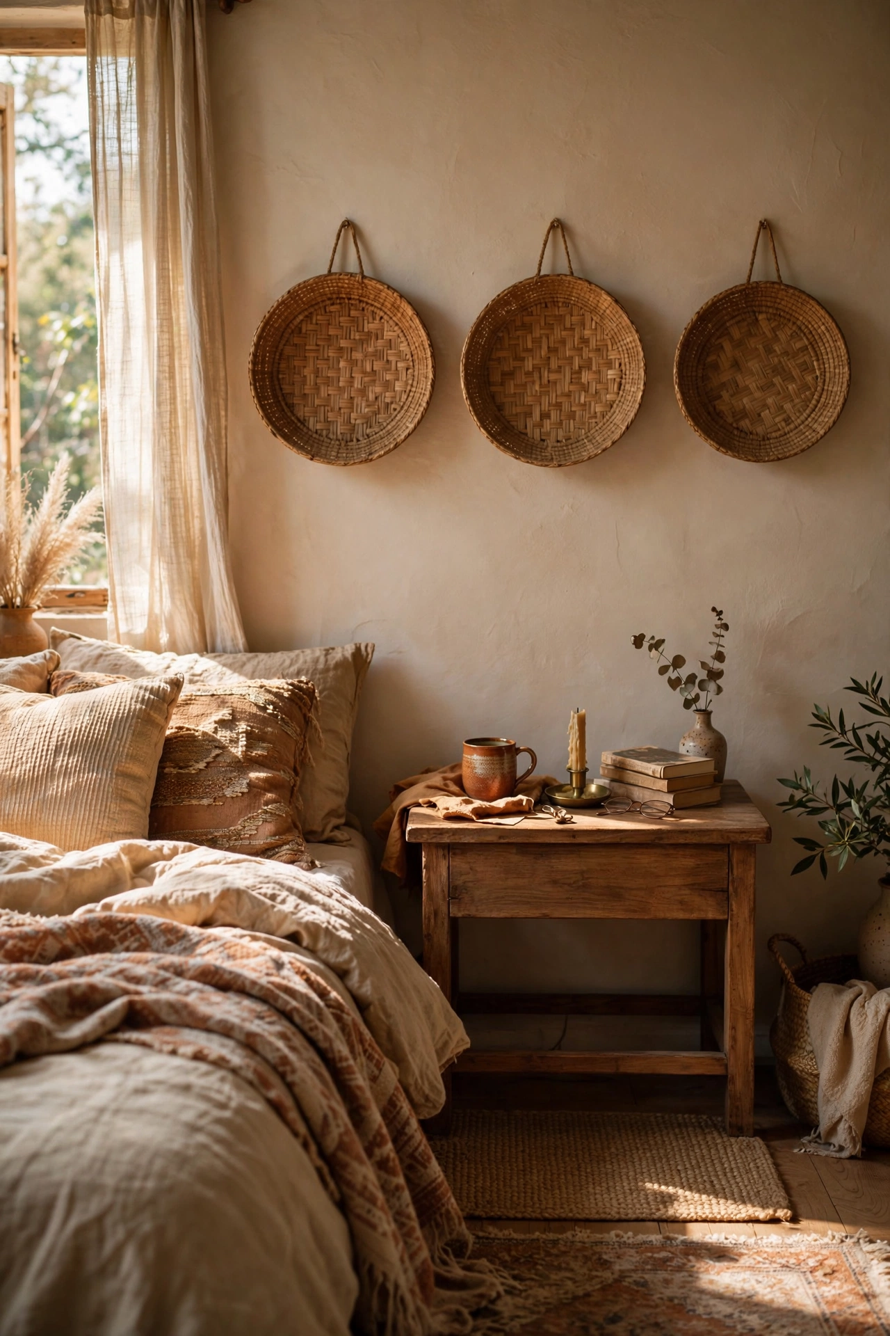 Trio of flat woven baskets hung above a nightstand in a boho bedroom