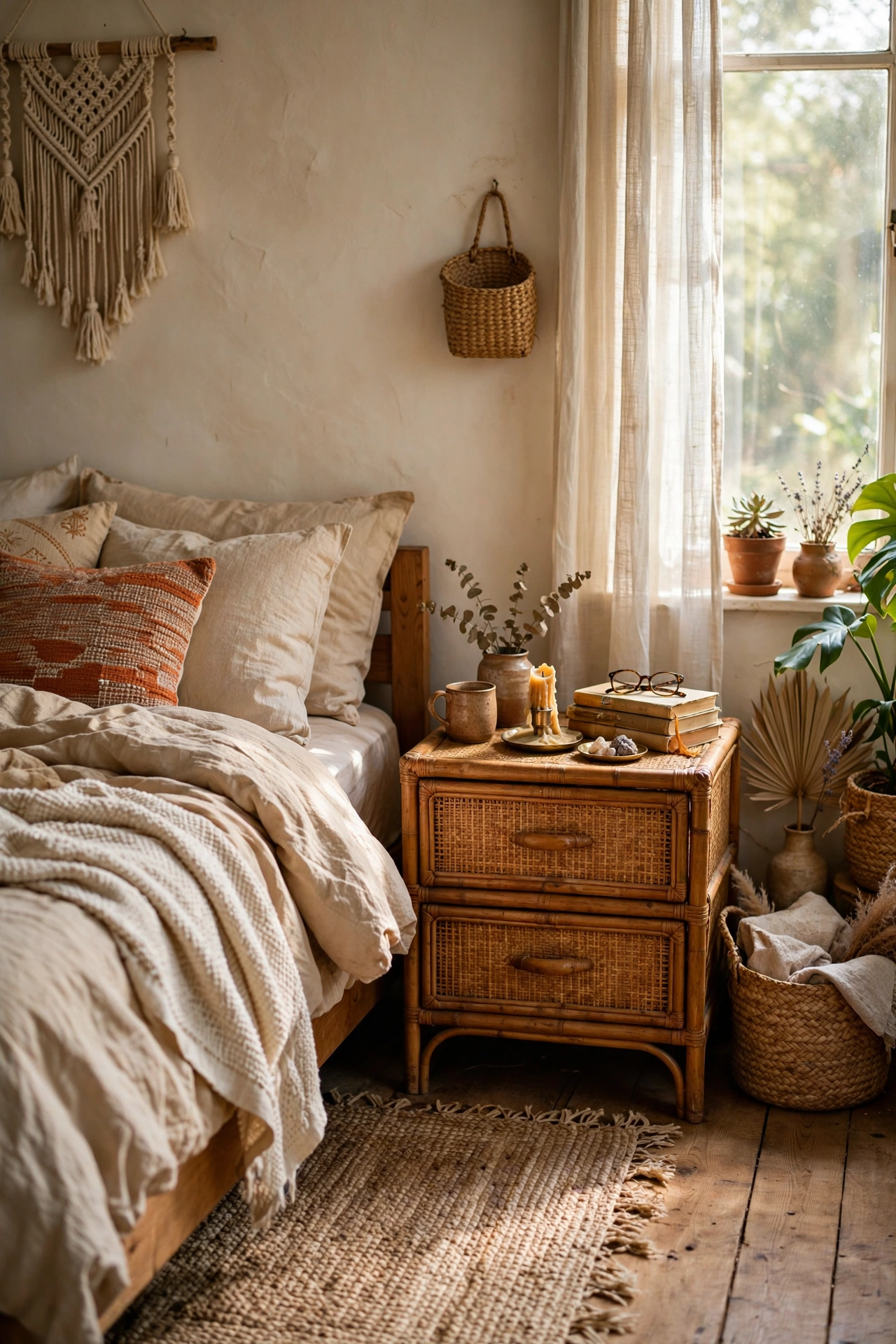 Thrifted rattan nightstand beside a boho bed