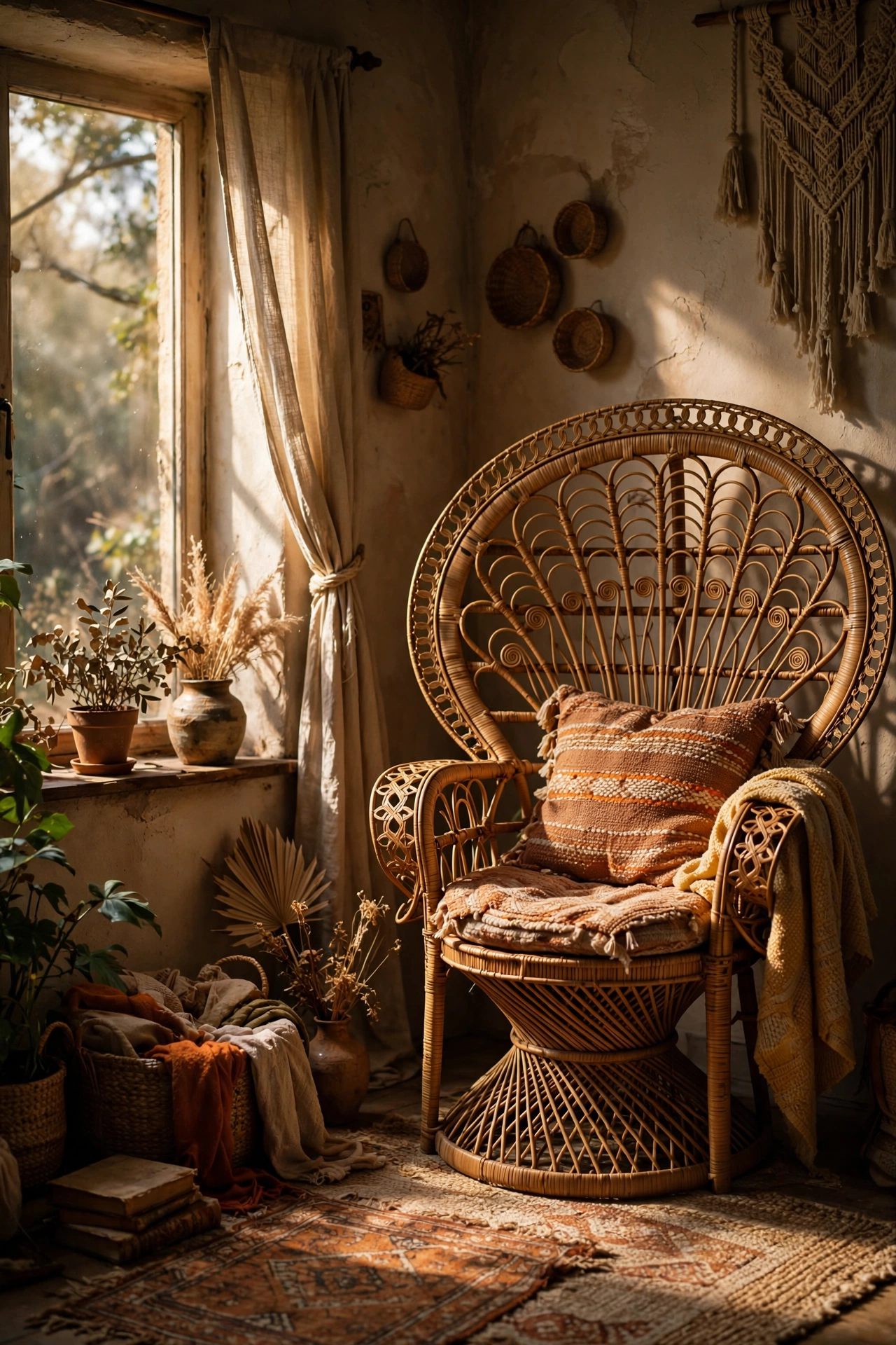 Wicker peacock chair with cushion in a boho bedroom corner