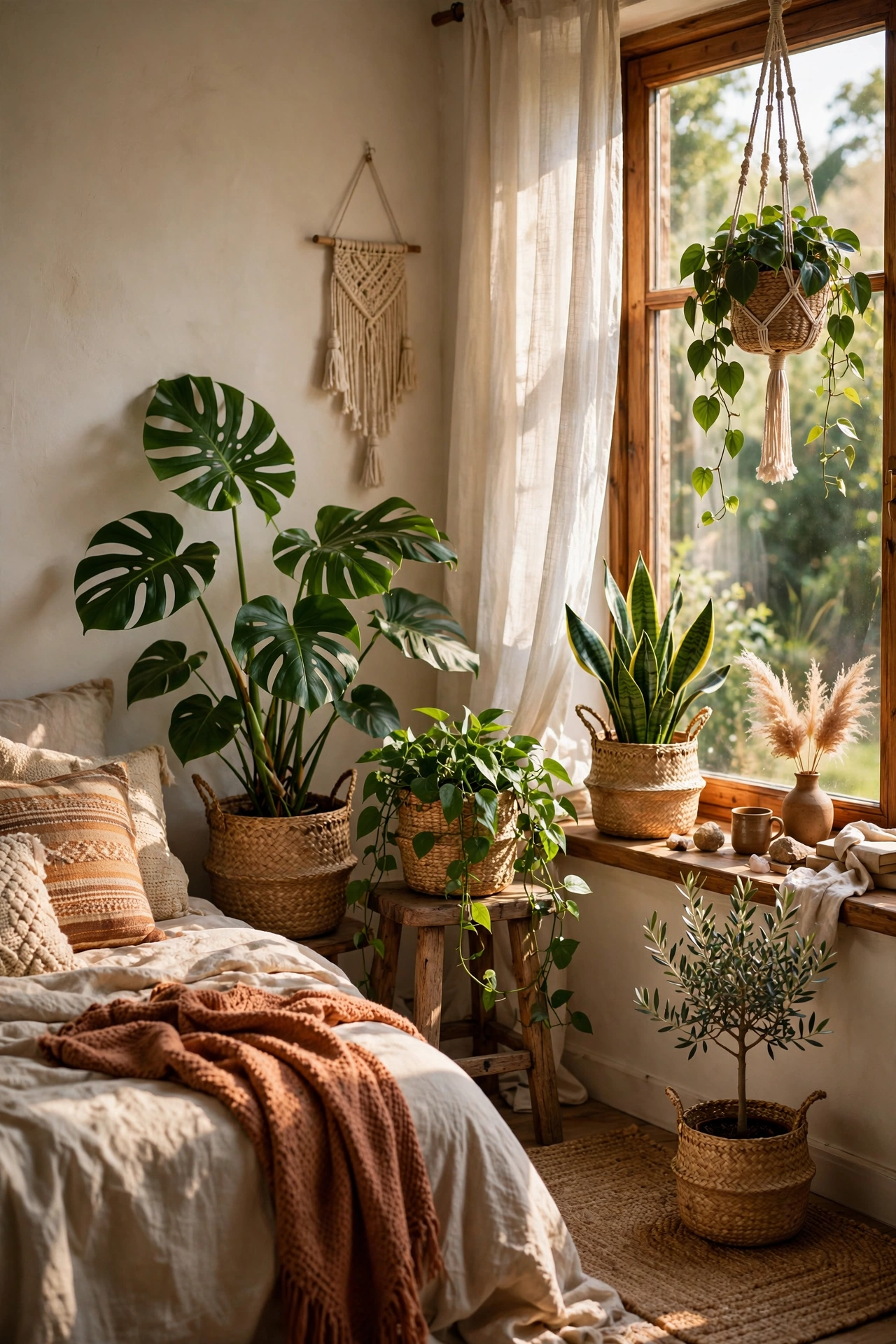 Collection of houseplants in woven baskets in a boho bedroom corner