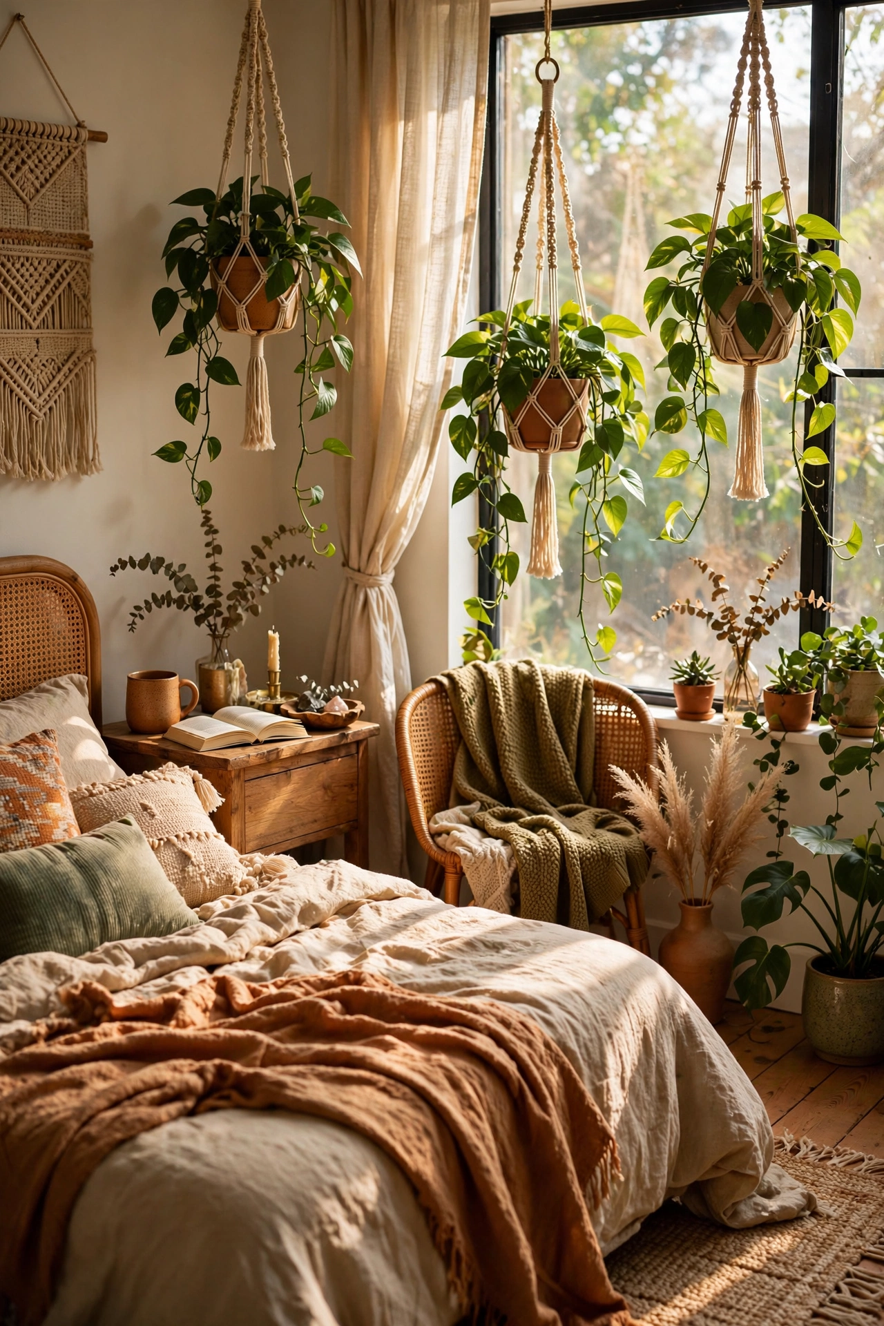 Pothos plants hanging in macrame holders near a boho bedroom window