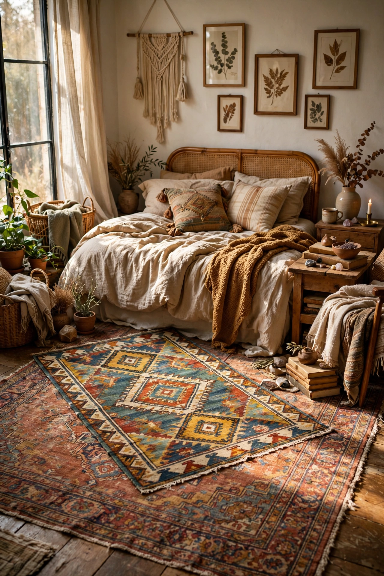 Two vintage-style rugs layered on a boho bedroom floor