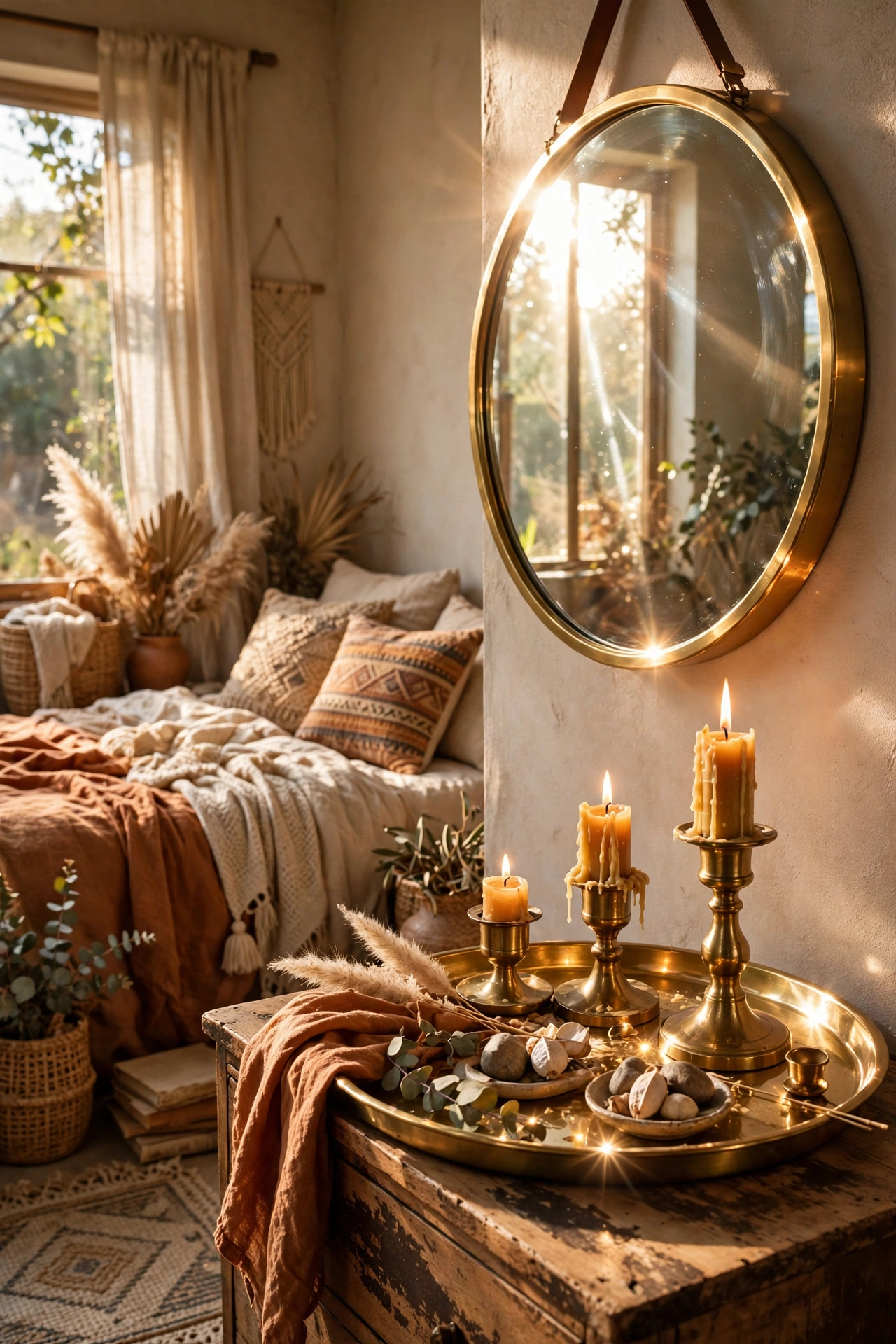 Brass tray, candle holders and small mirror styled in a boho bedroom