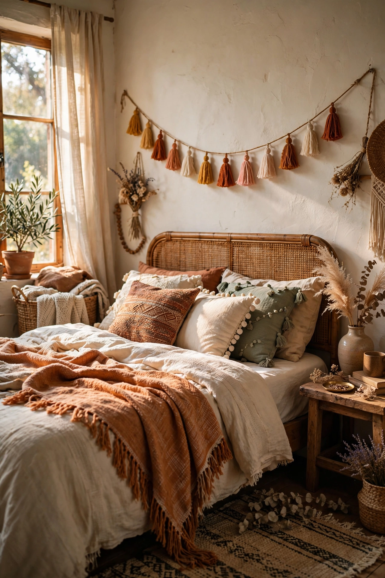 Fringed throw and tassel garland details in a boho bedroom