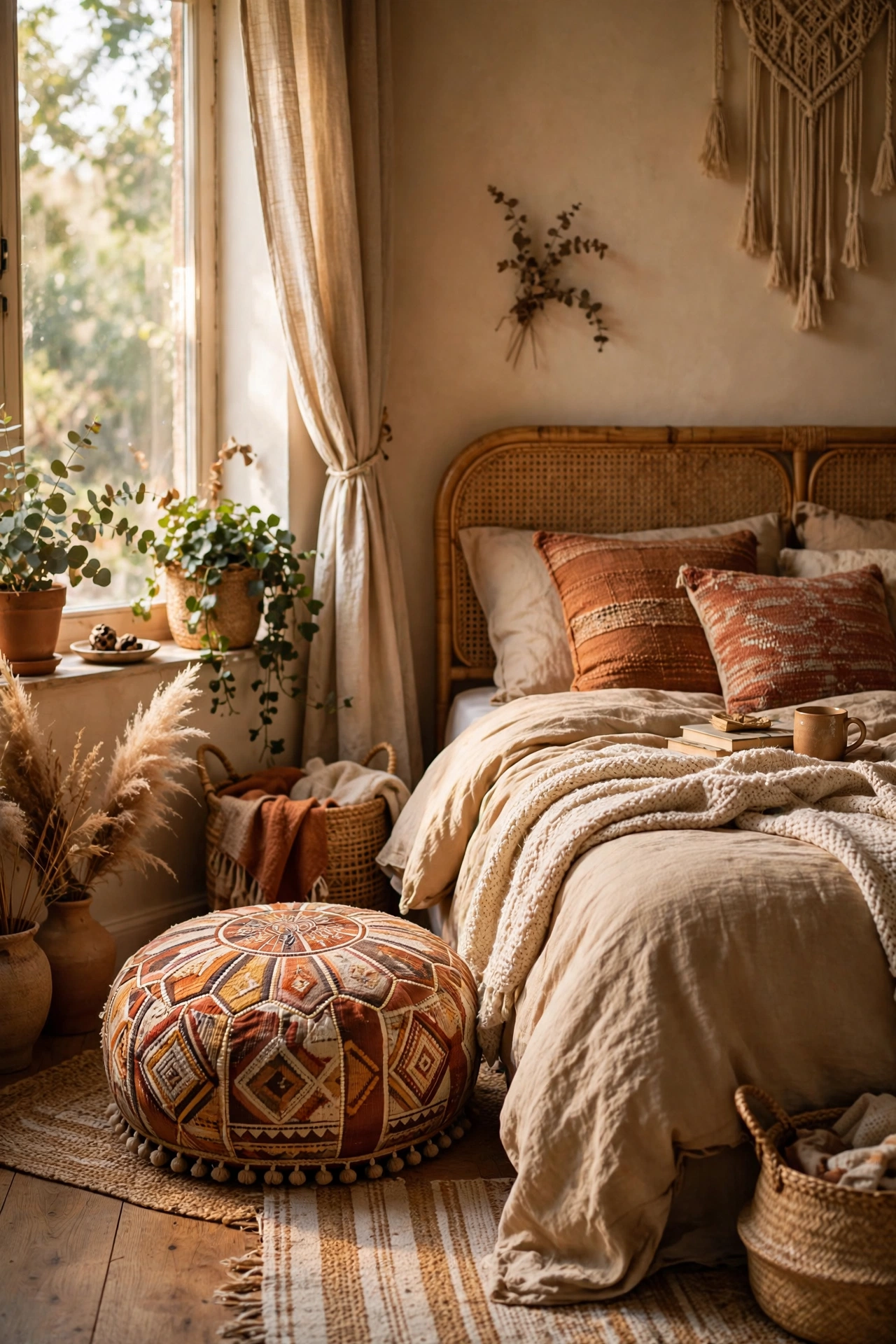 Embroidered Moroccan-style pouf in a boho bedroom