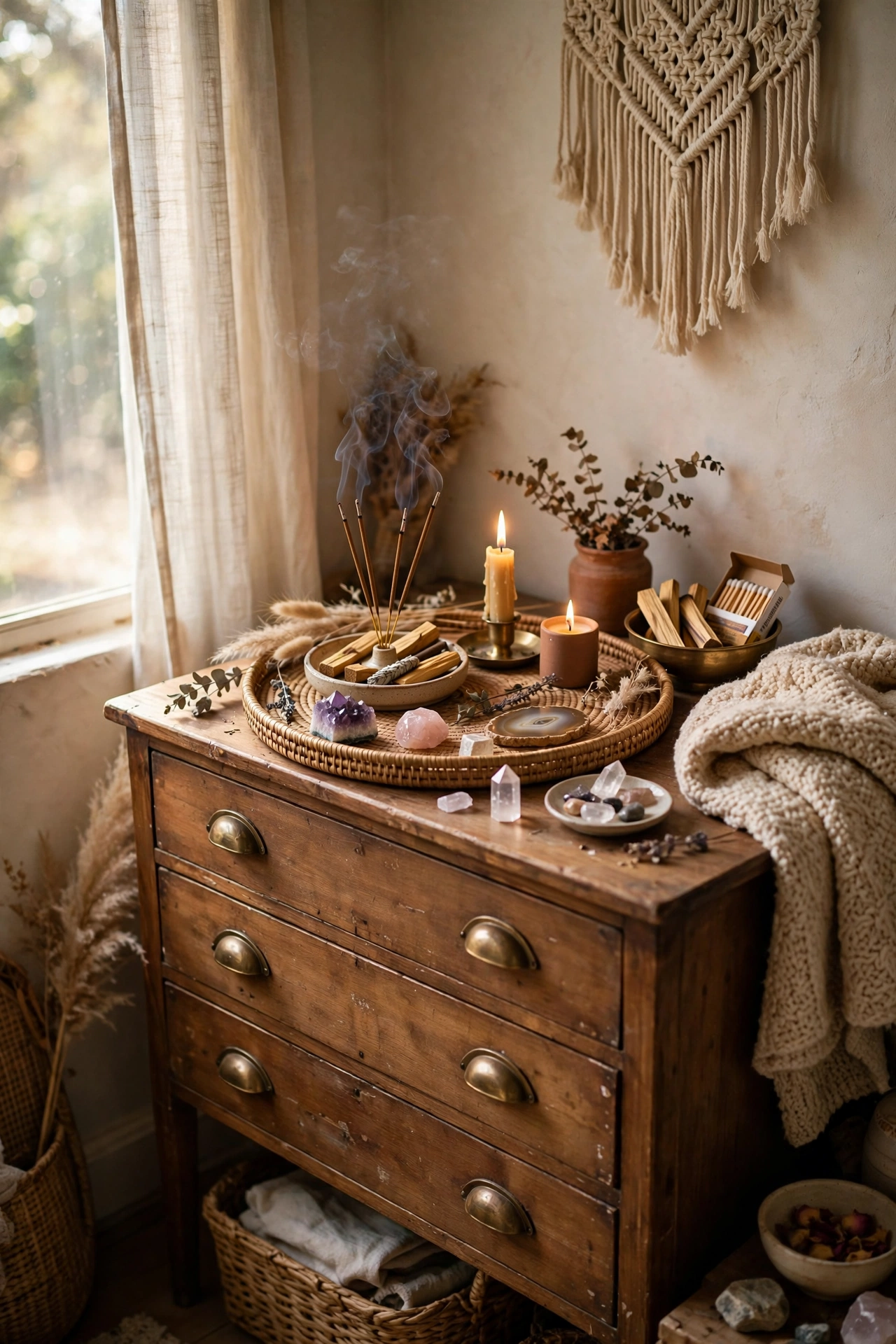 Tray with incense, candles and crystals styled on a boho dresser
