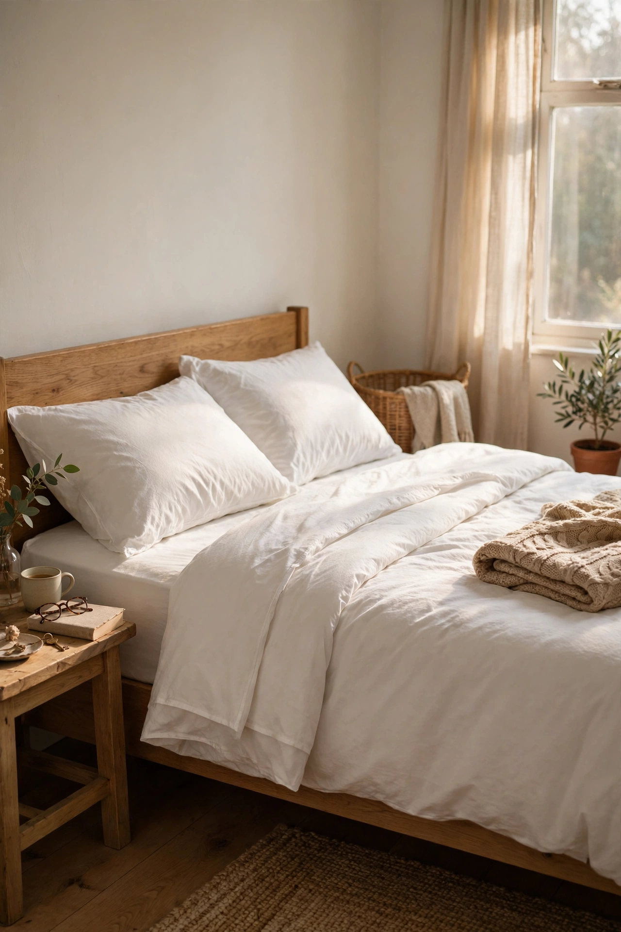 Bed made up with a crisp white cotton duvet folded down neatly over pillows