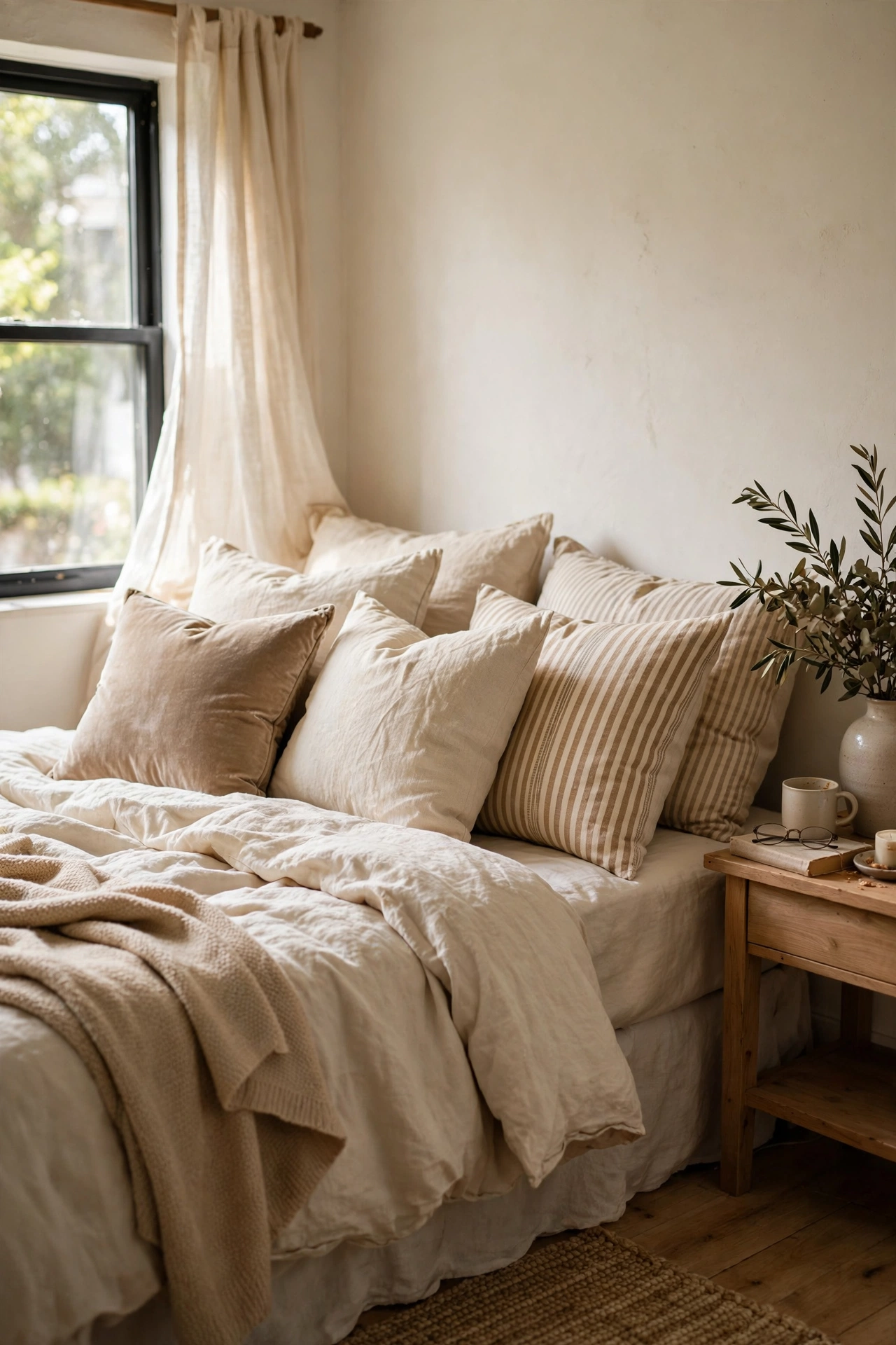 Bed styled with mixed-texture cream and beige throw pillow covers