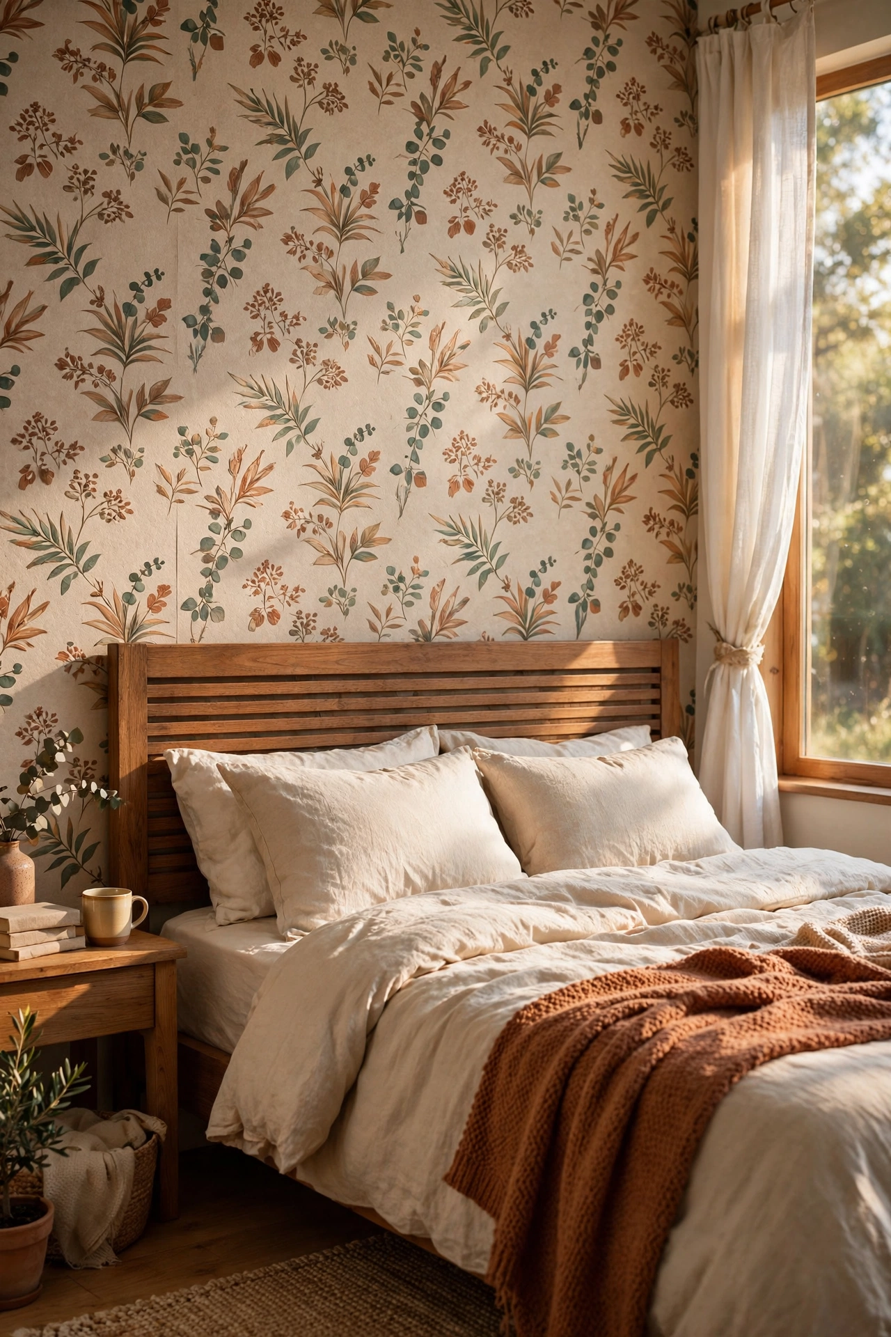 Bedroom accent wall with subtle linen-texture peel-and-stick wallpaper behind the bed