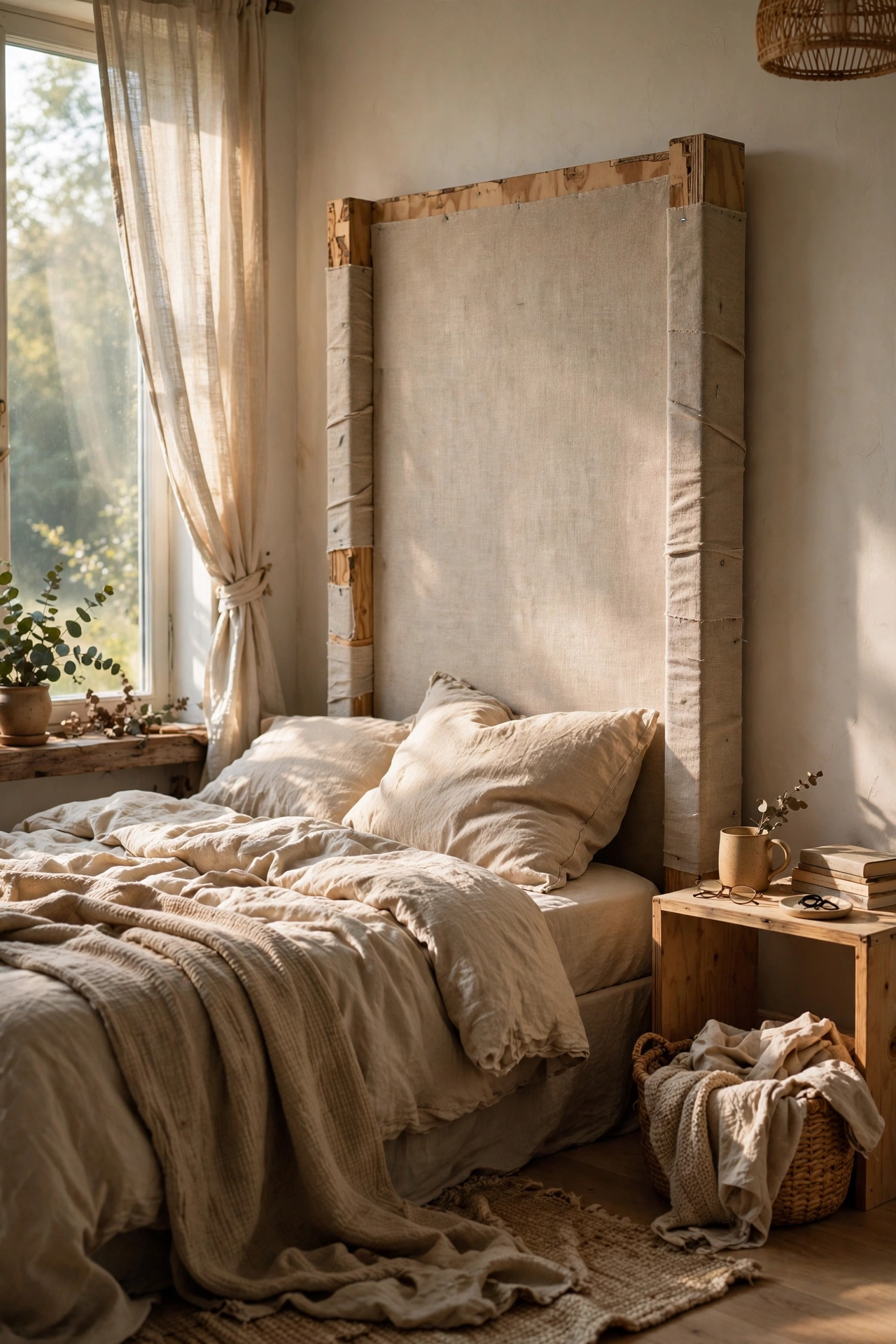 Tall DIY plywood headboard wrapped in beige linen fabric behind a bed