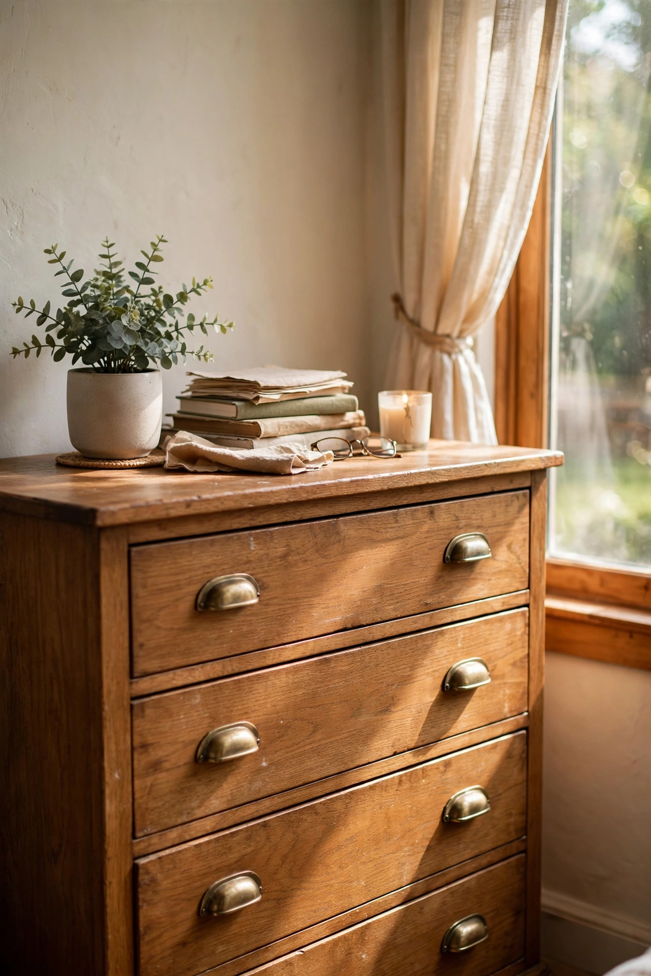 Wooden dresser with new brushed brass bar drawer pulls