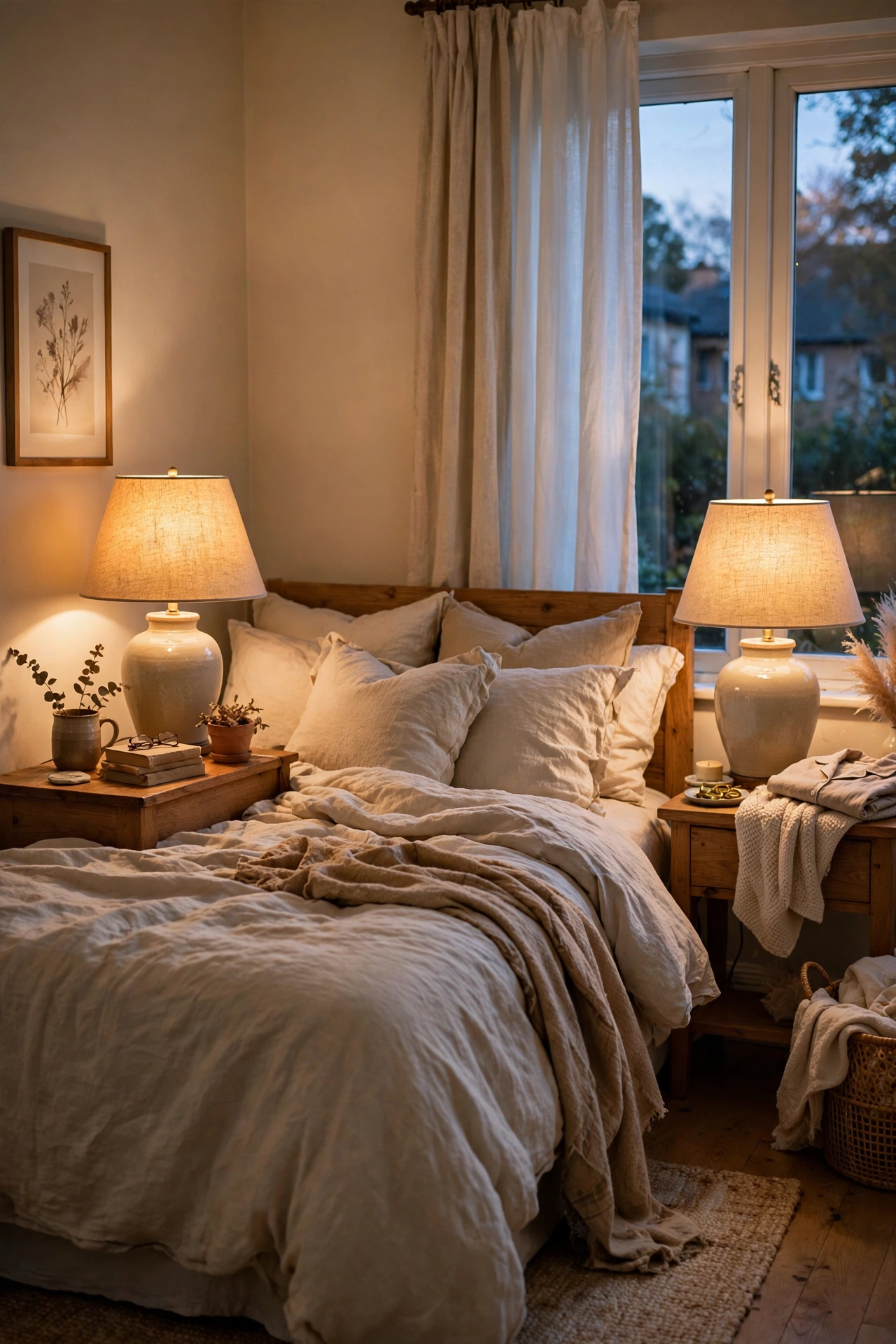 Pair of matching ceramic table lamps with linen shades on white nightstands