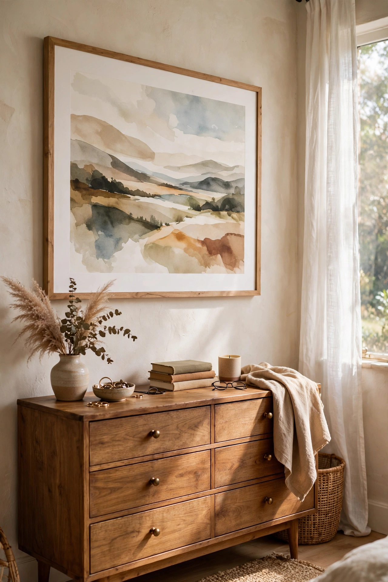Large framed abstract art print with a wide mat hanging over a bedroom dresser