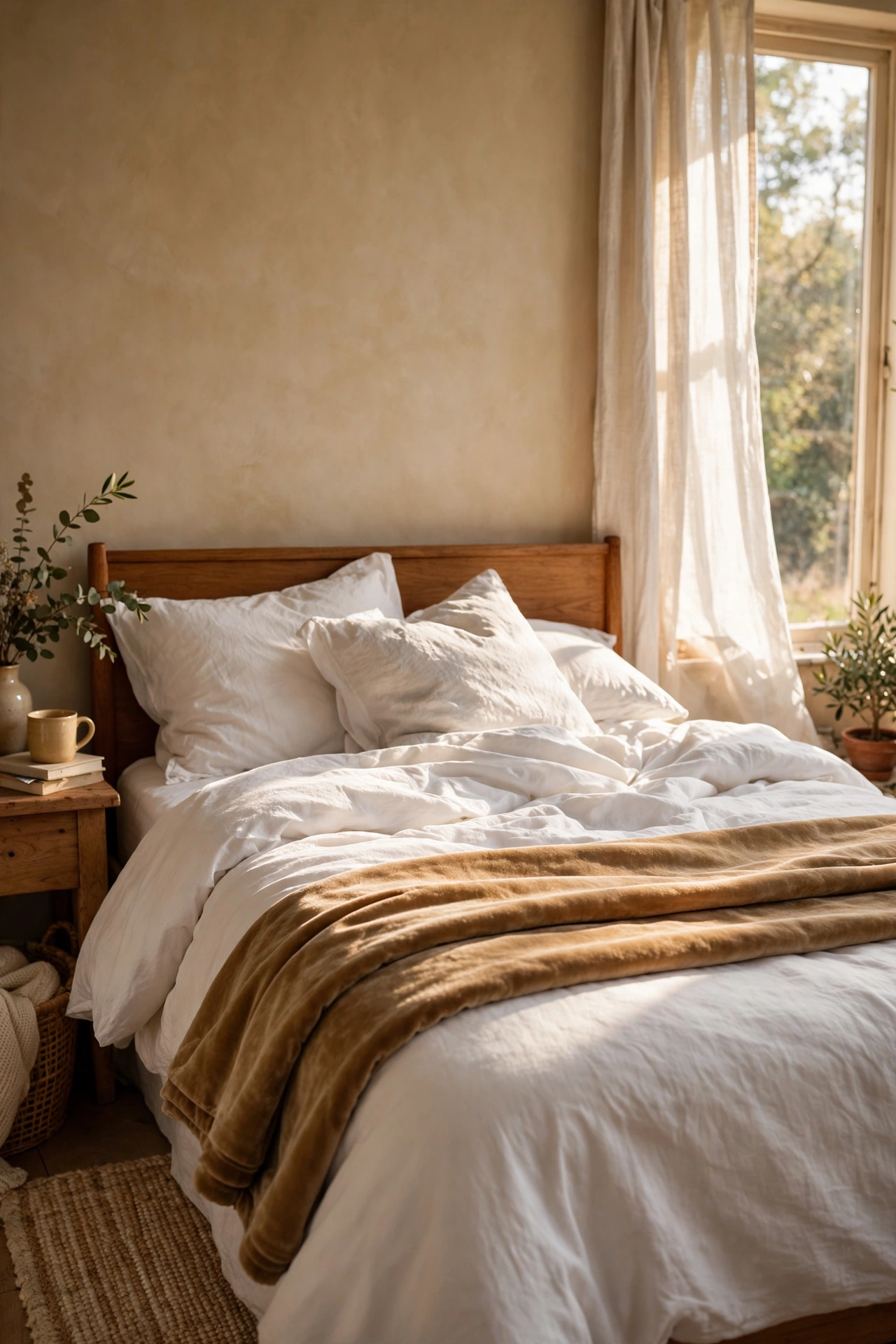 Camel velvet throw folded neatly across the foot of a white bed