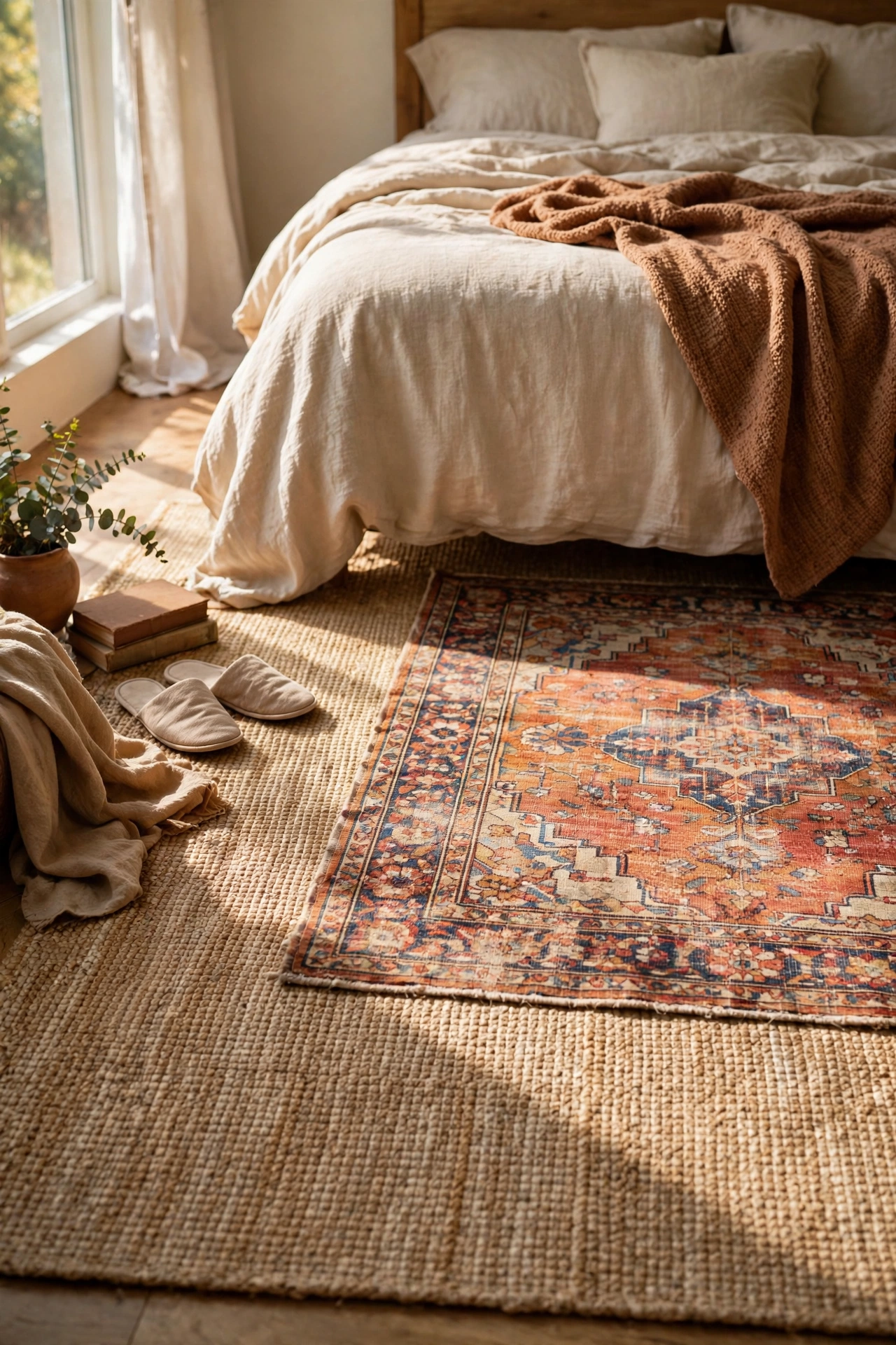 Small patterned rug layered over a larger neutral rug beside a bed