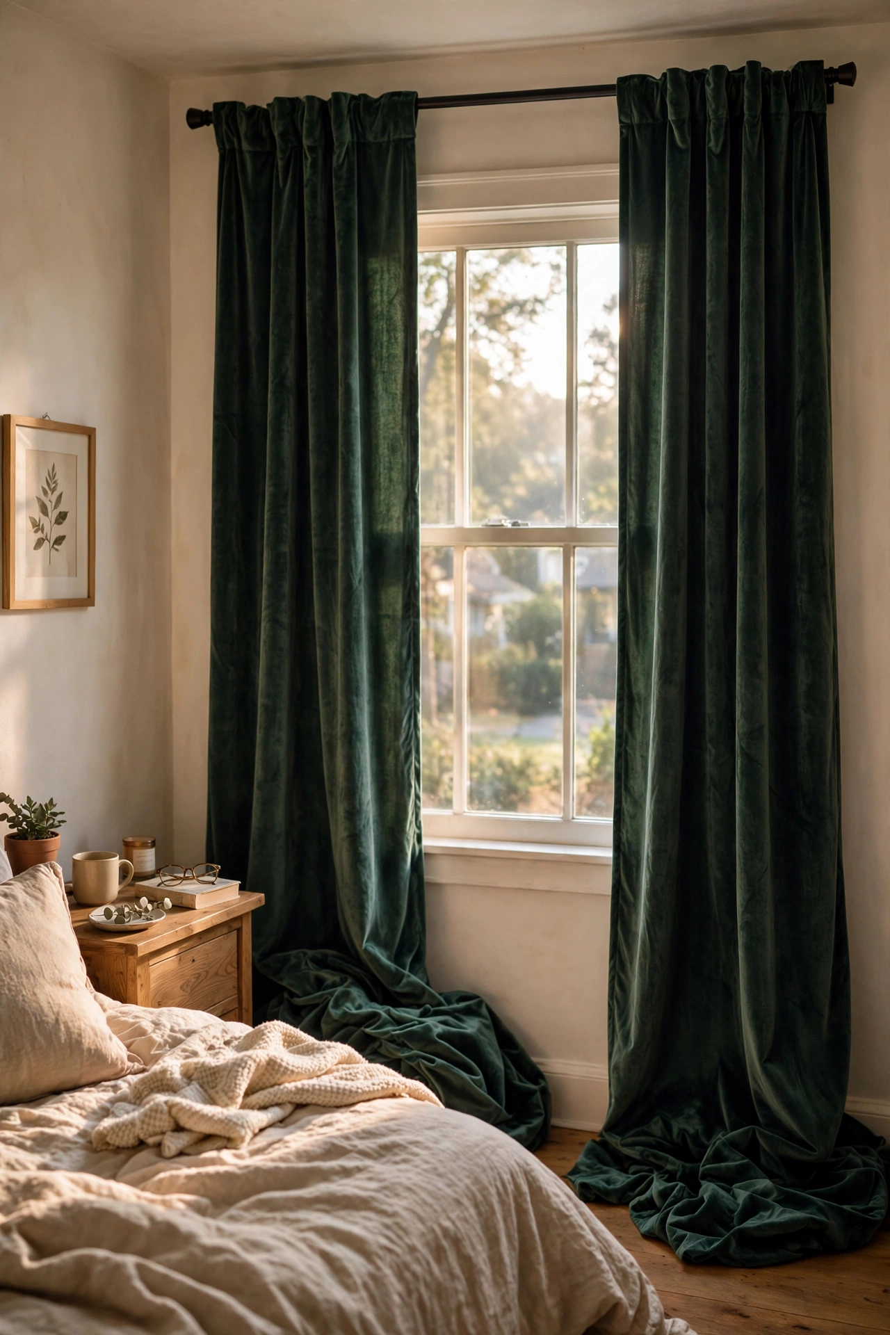 Velvet-look curtain panels hung high above a bedroom window, just touching the floor