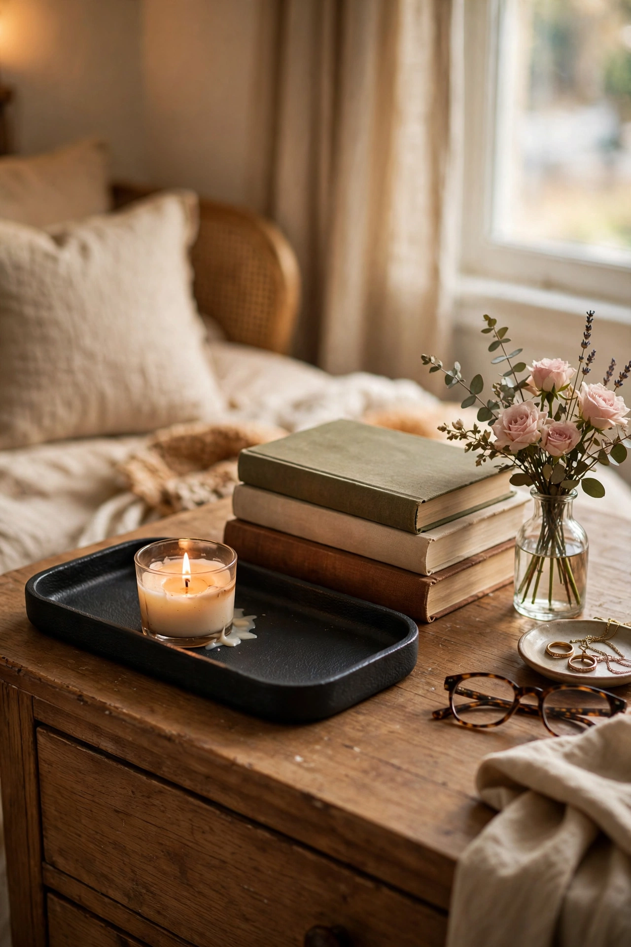 Bedroom dresser top styled with a black tray holding a candle, books and a bud vase