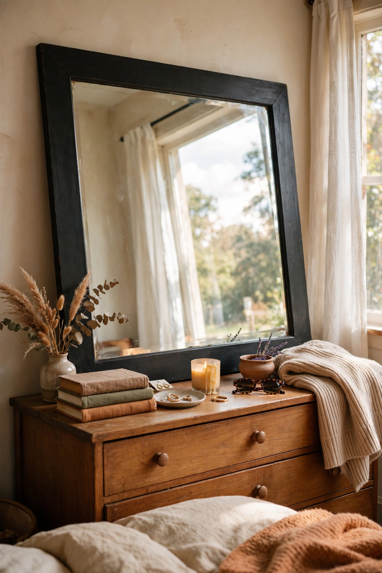 Large thrifted mirror with a matte black spray-painted frame leaning on a dresser