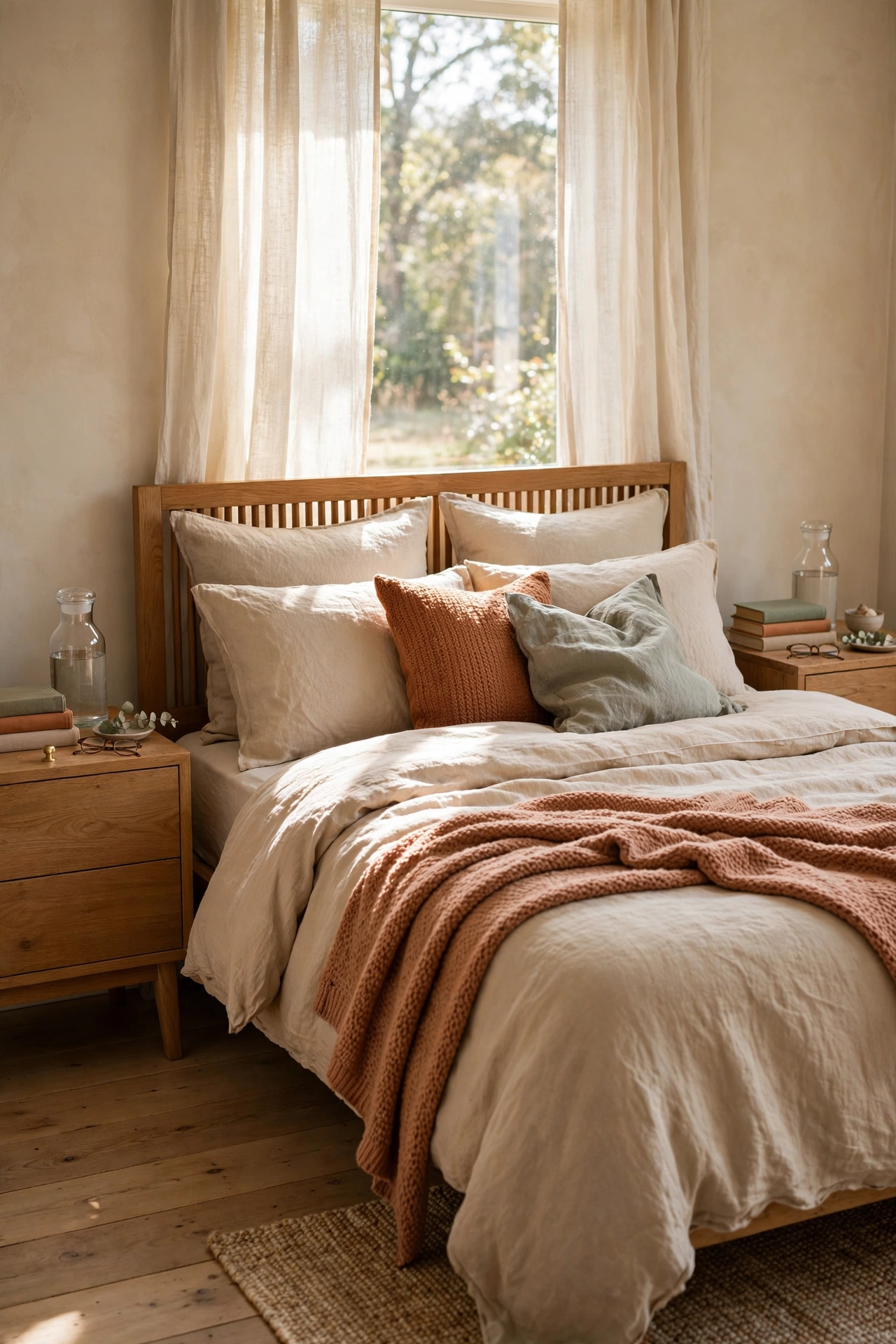 Matching glass water carafes with small book stacks on both bedroom nightstands