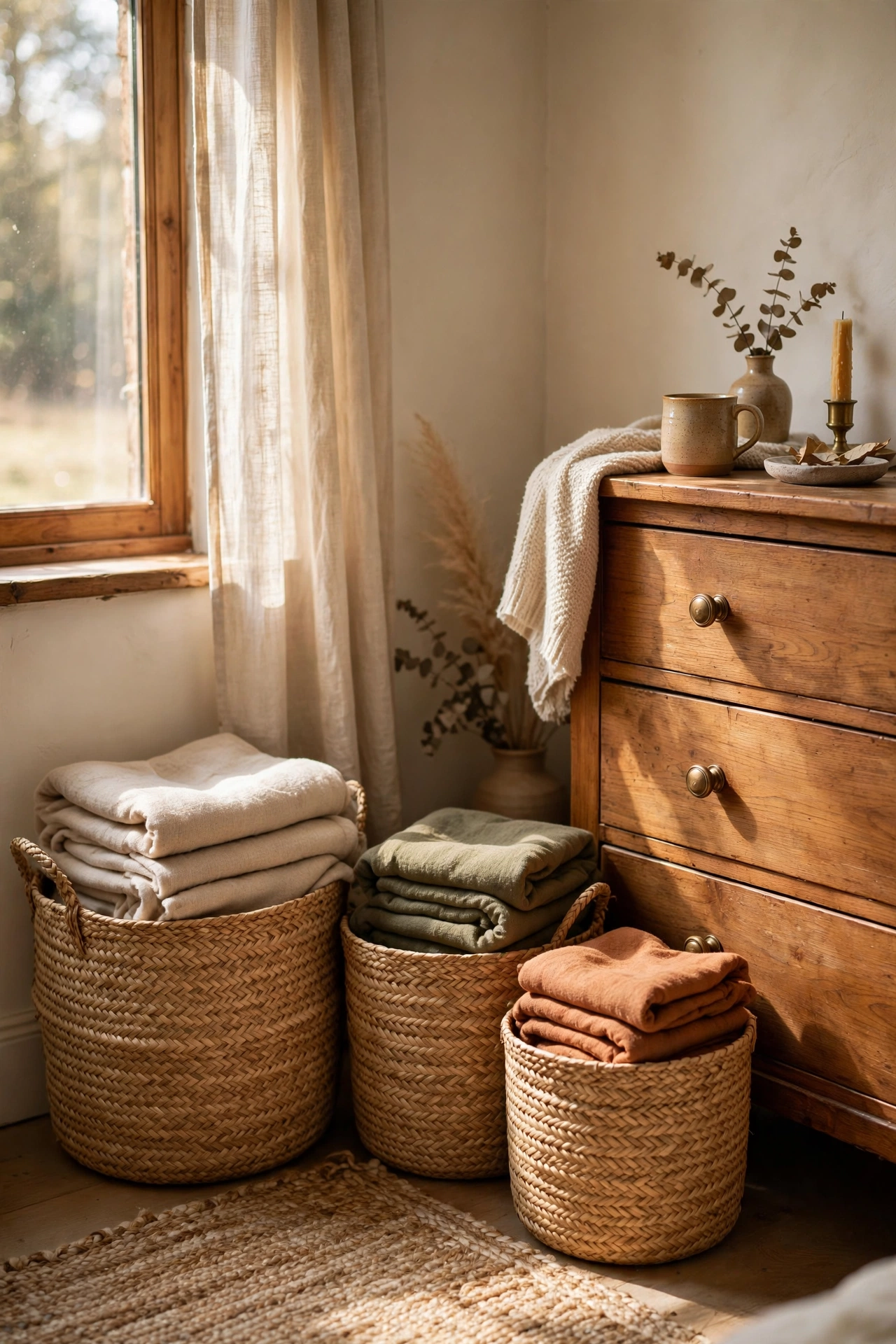 Three woven seagrass baskets in graduated sizes used for bedroom storage