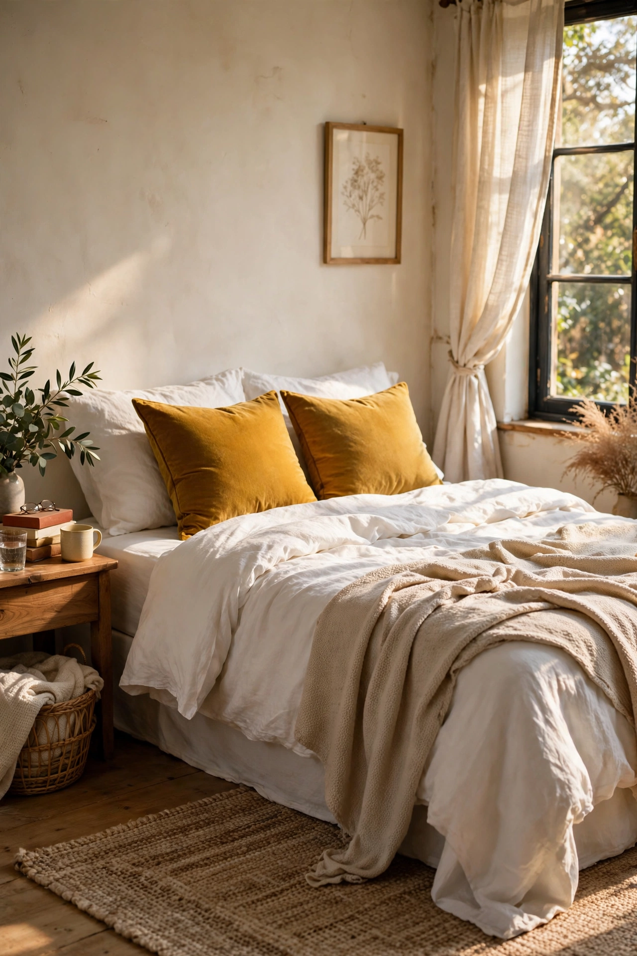 Two mustard velvet throw pillows styled on a white bed