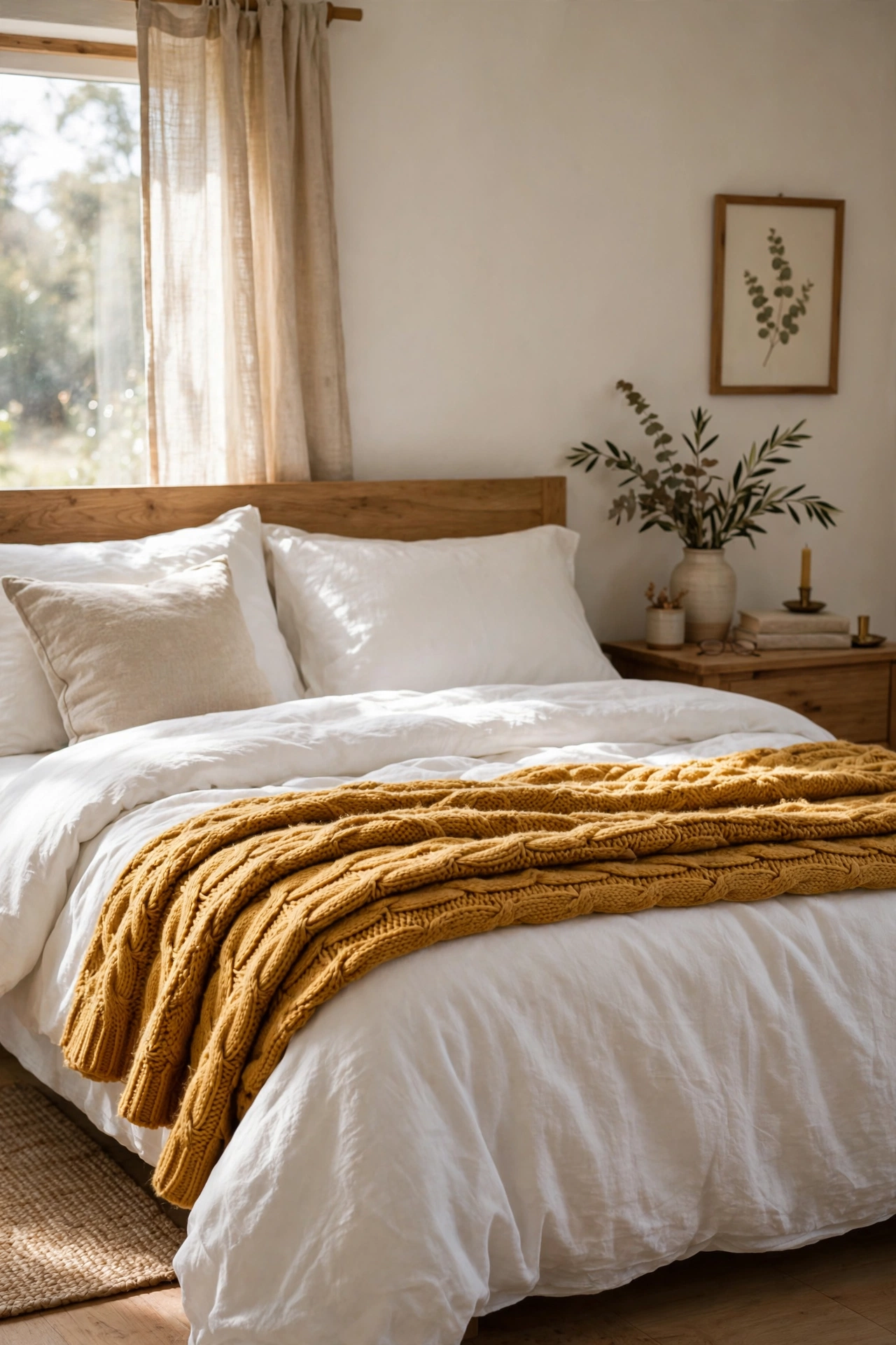 Chunky mustard knit throw folded across the foot of a white bed