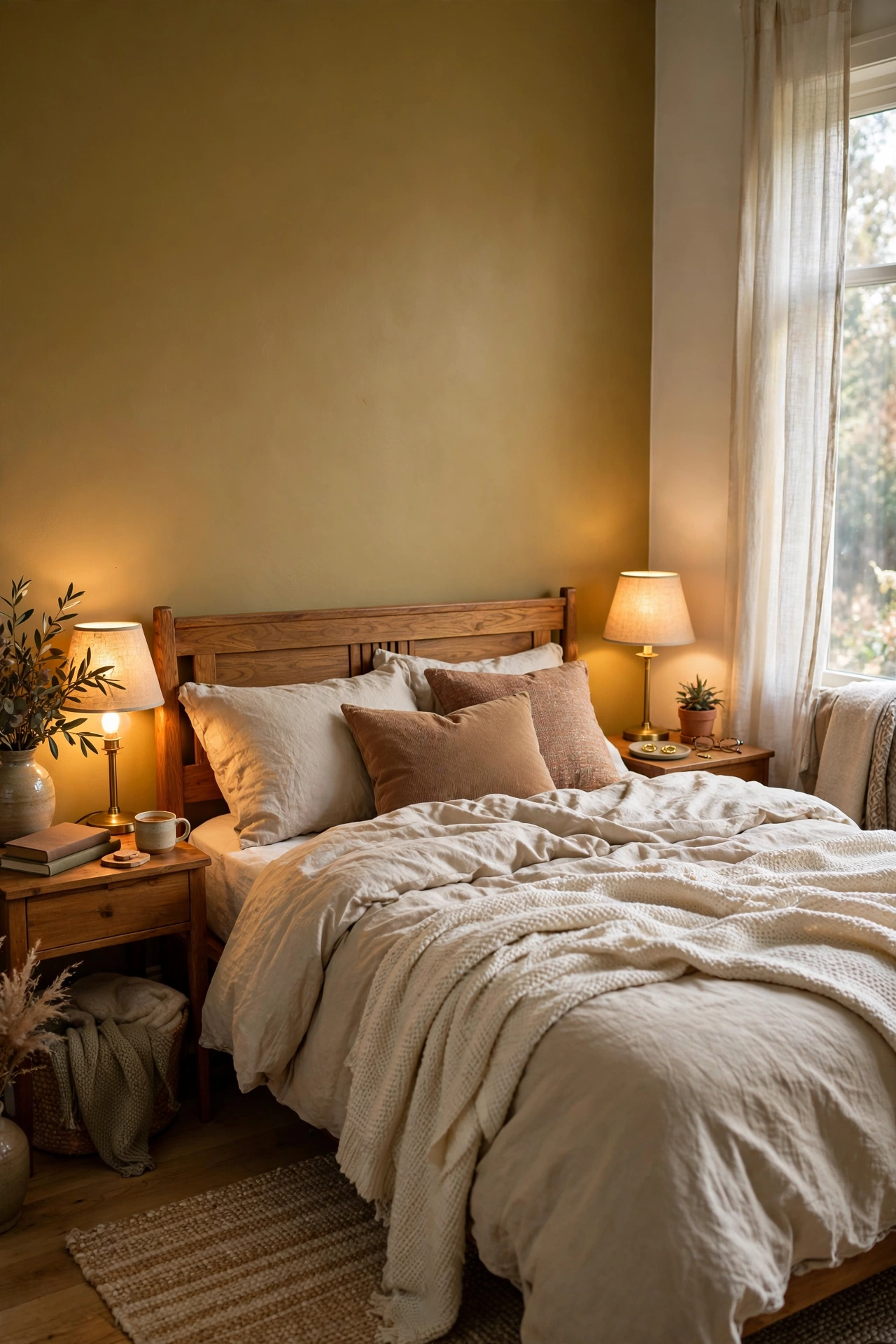 Bedroom with one muted mustard painted accent wall behind the bed