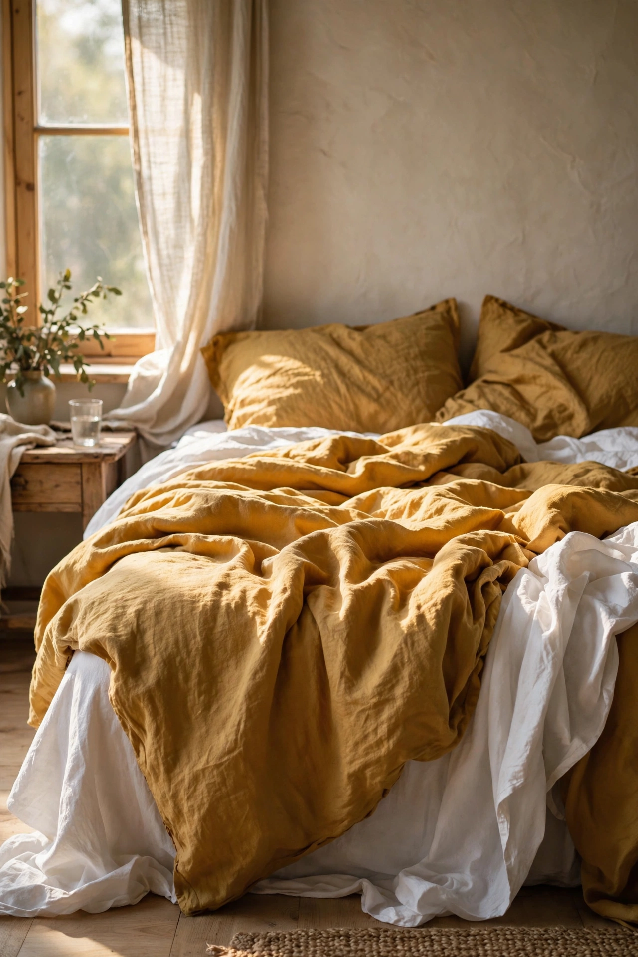 Bed dressed in a washed mustard linen duvet cover set with white sheets