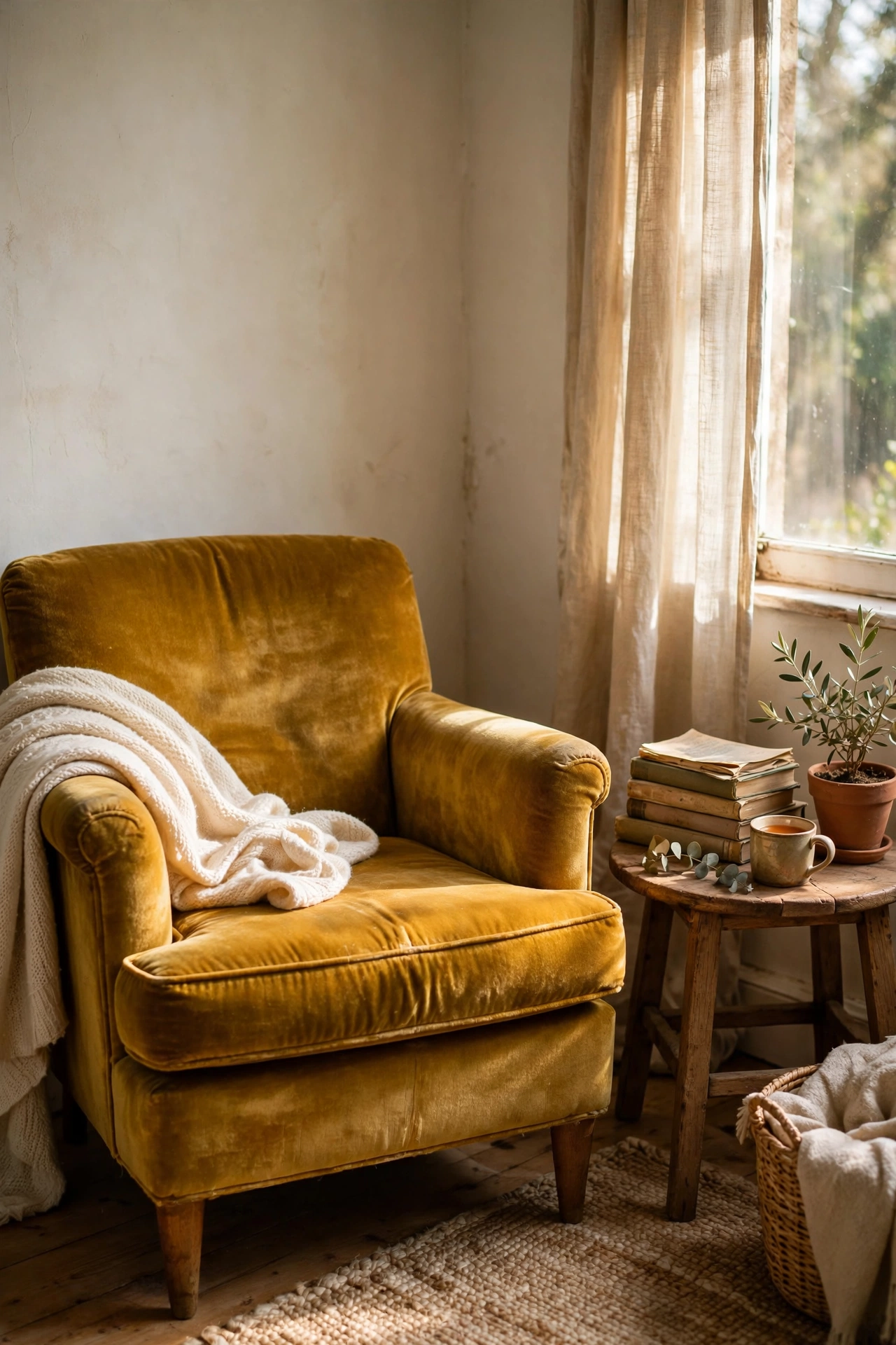 Thrifted mustard gold velvet armchair in a bedroom reading corner