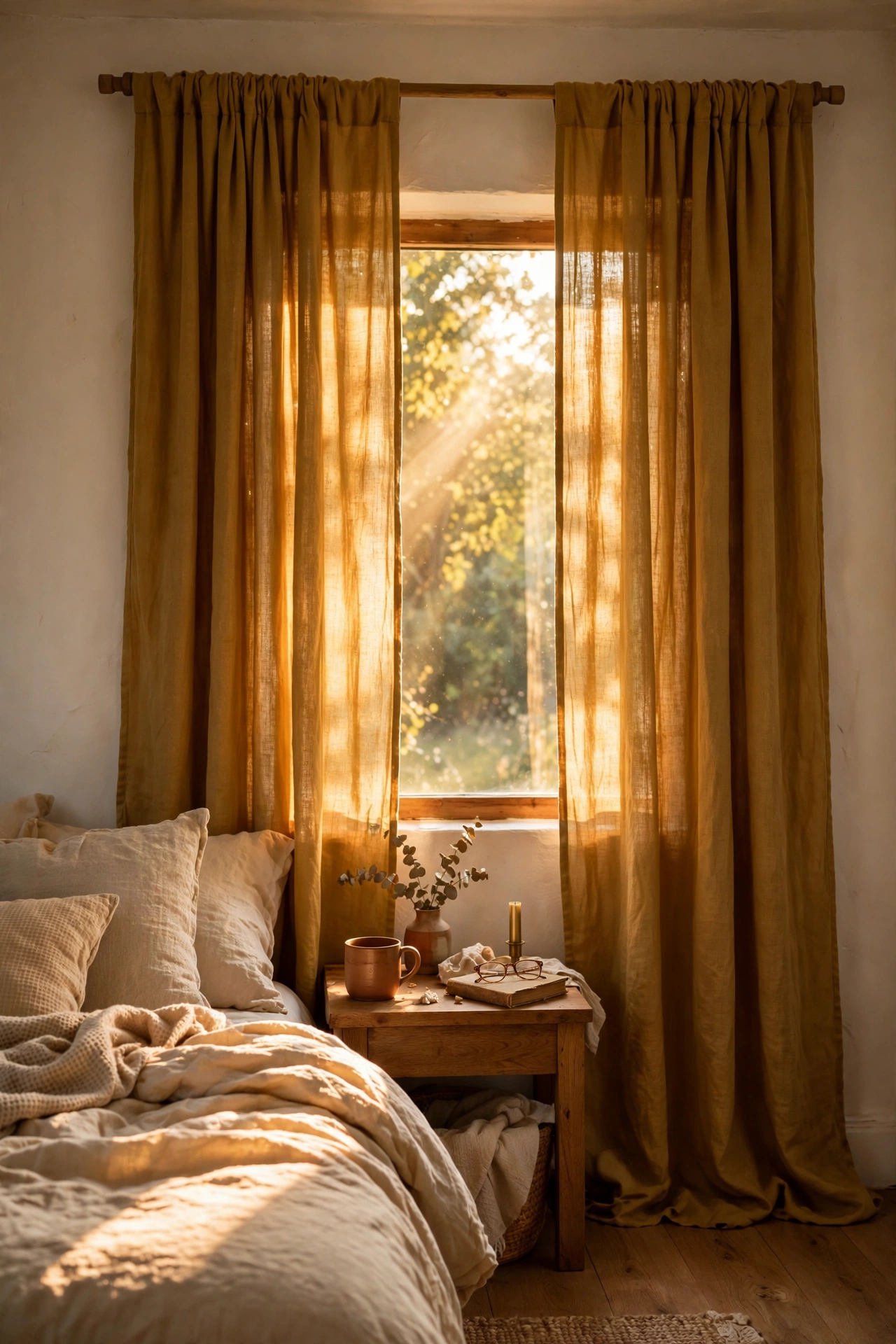 Mustard linen-look curtain panels on a bedroom window filtering warm light
