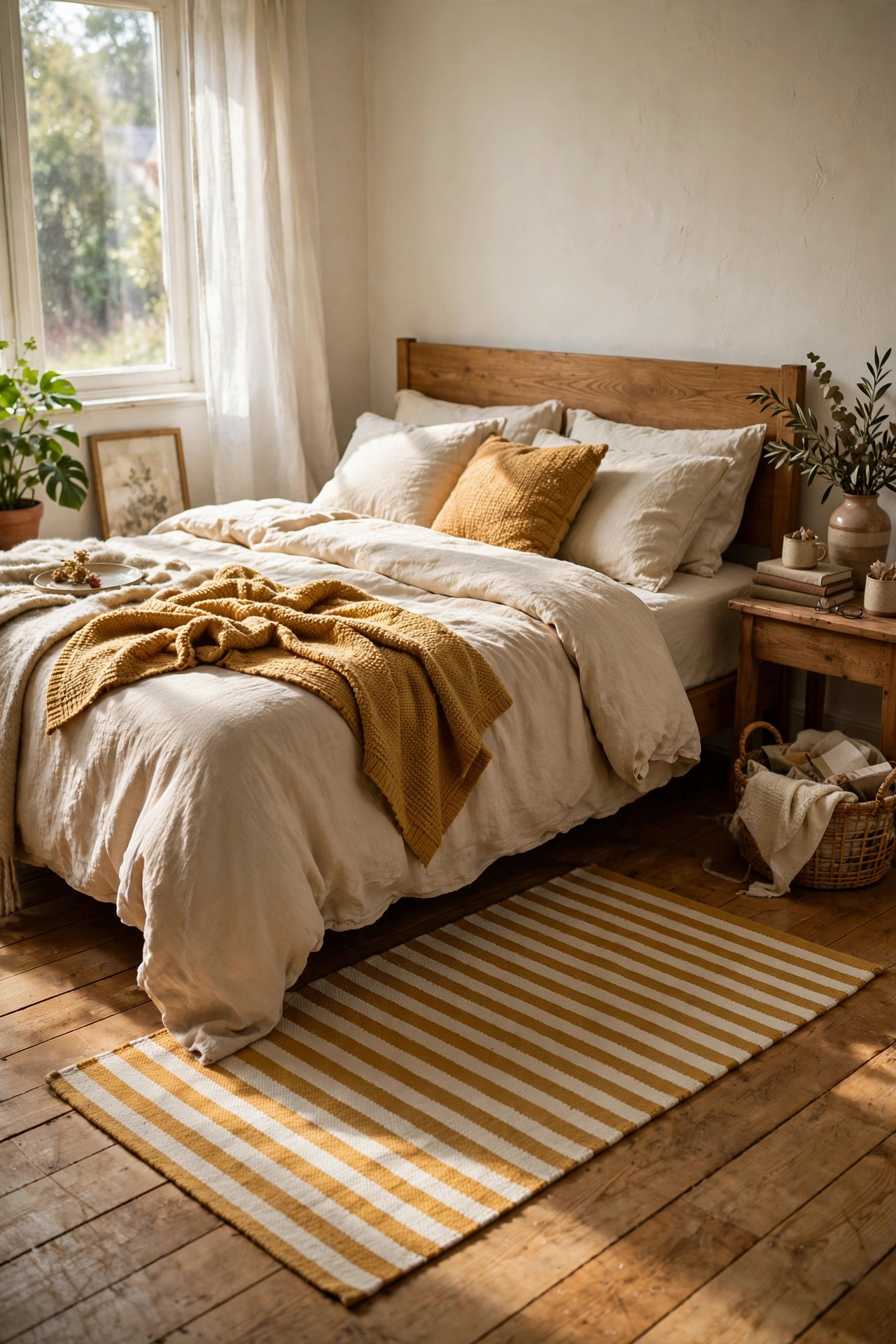 Cotton area rug with mustard and cream stripes under a bed