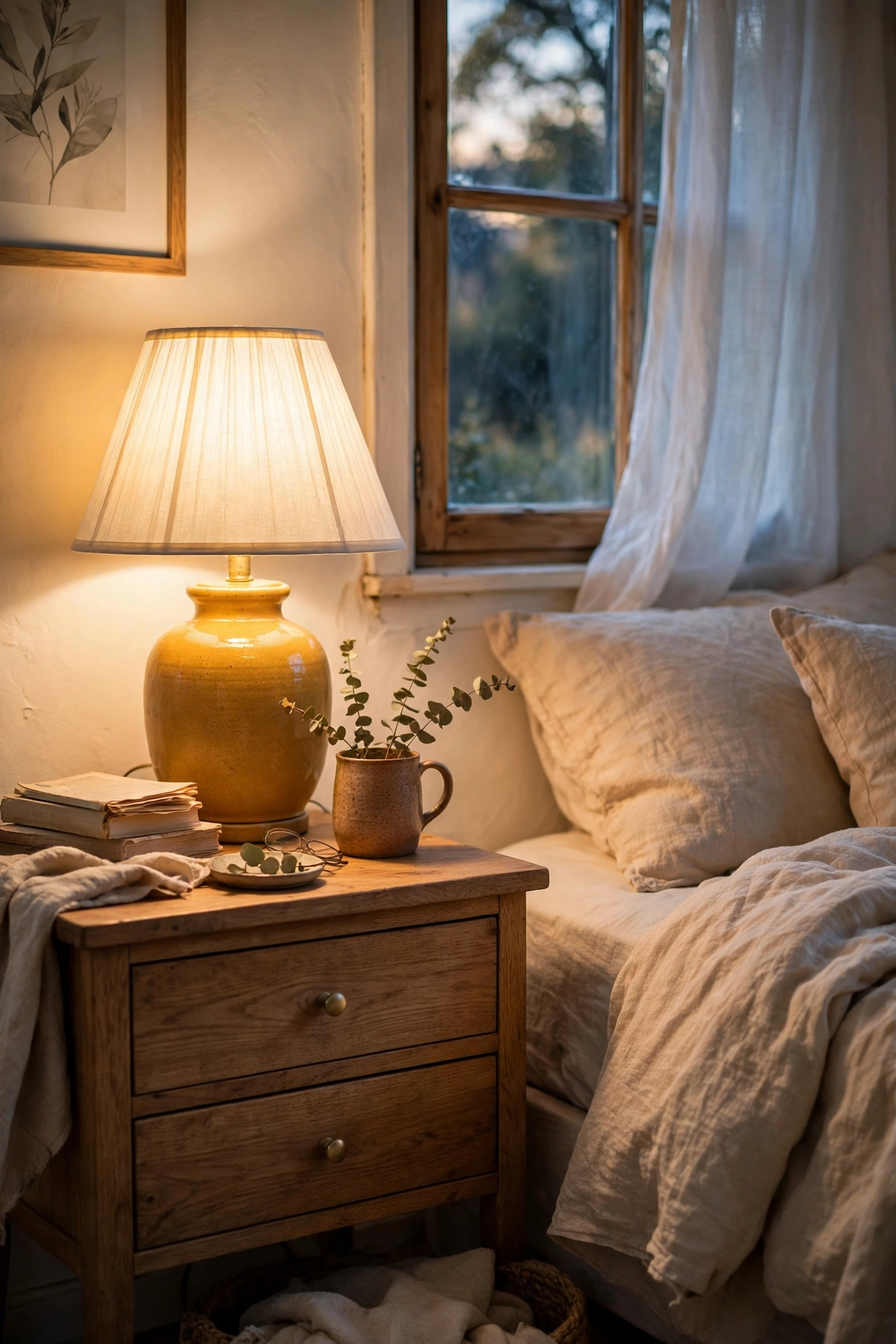 Mustard ceramic table lamp with a white drum shade on a nightstand