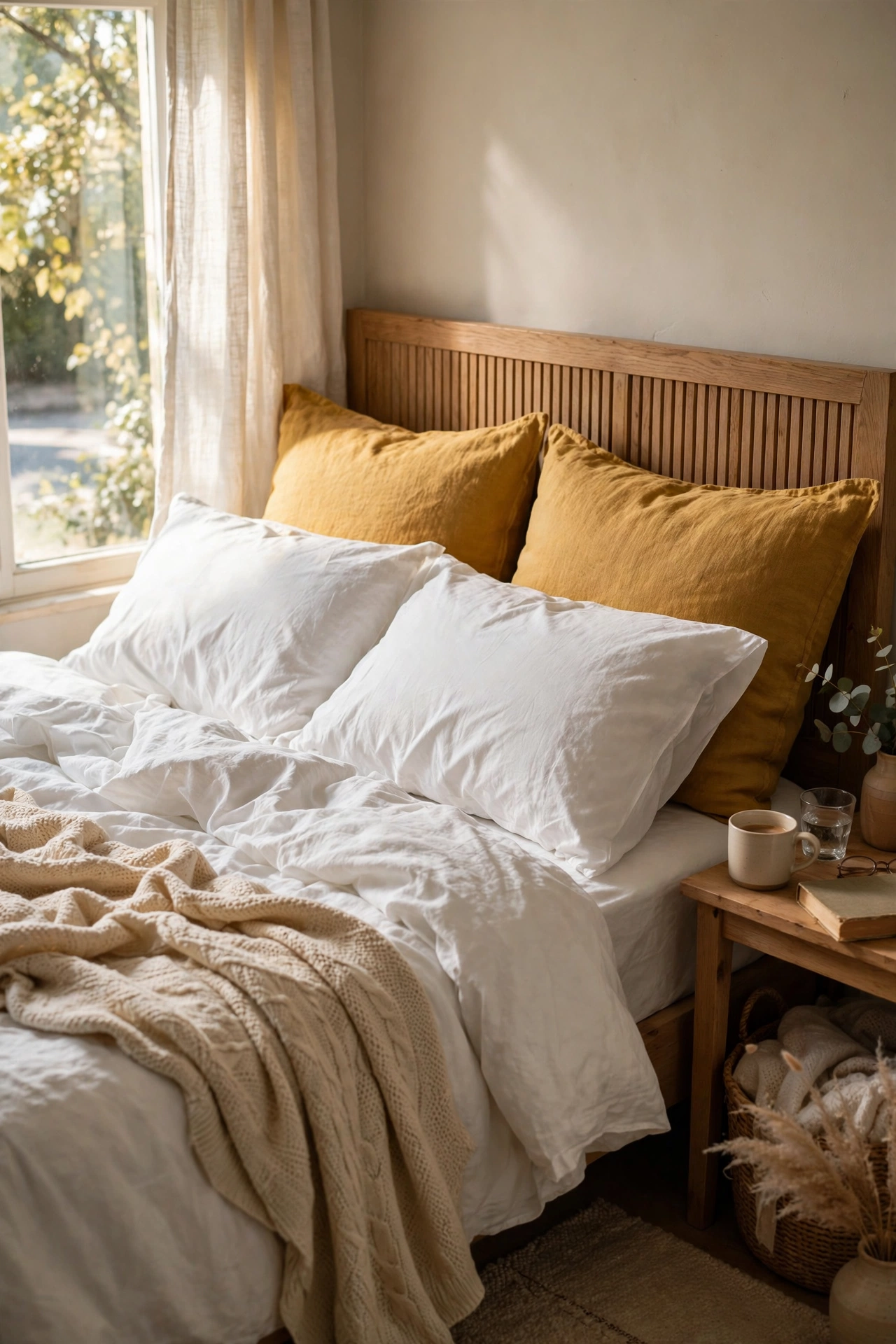Mustard euro shams standing behind white sleeping pillows on a bed