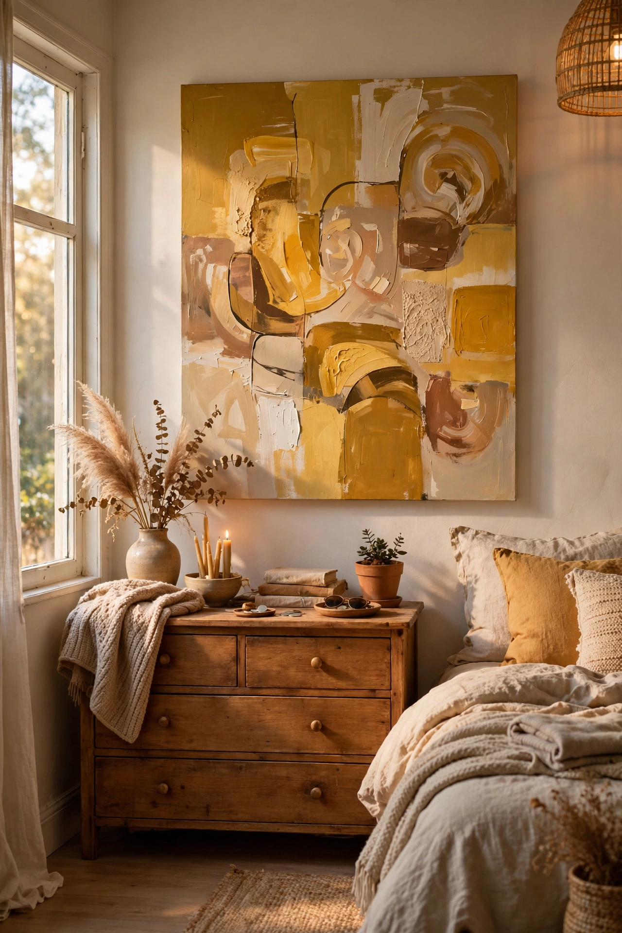 DIY abstract canvas painting in mustard and cream tones over a dresser