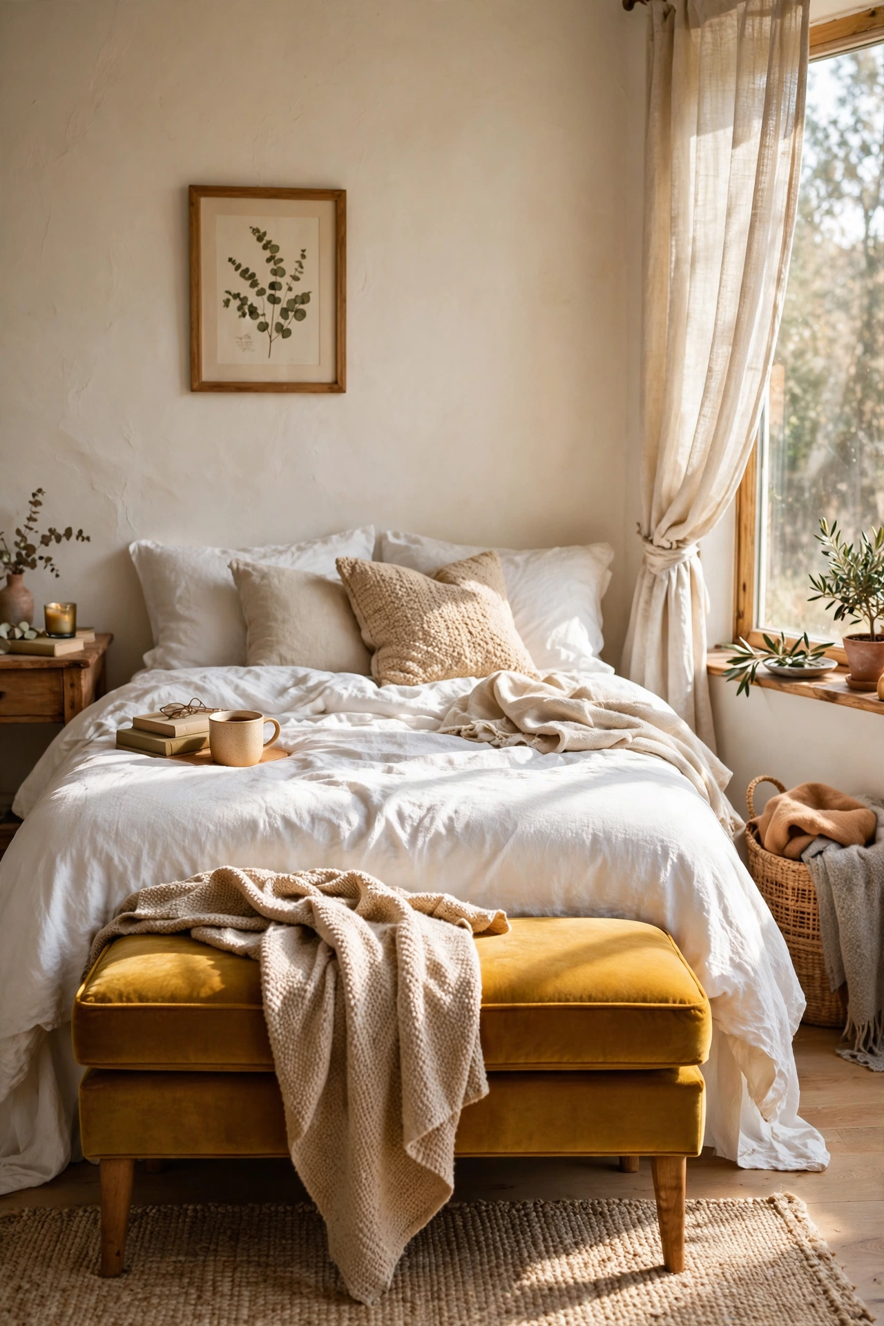 Mustard velvet upholstered bench at the foot of a bed