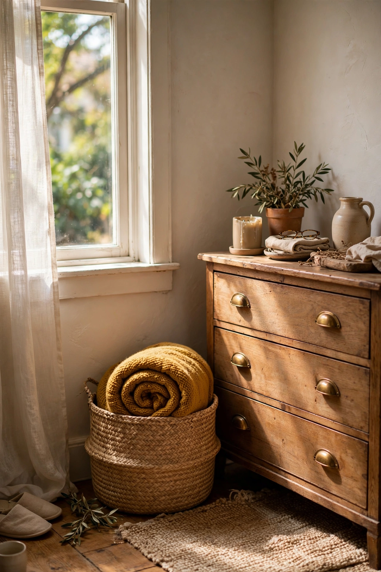 Seagrass basket with a rolled mustard throw blanket in a bedroom corner