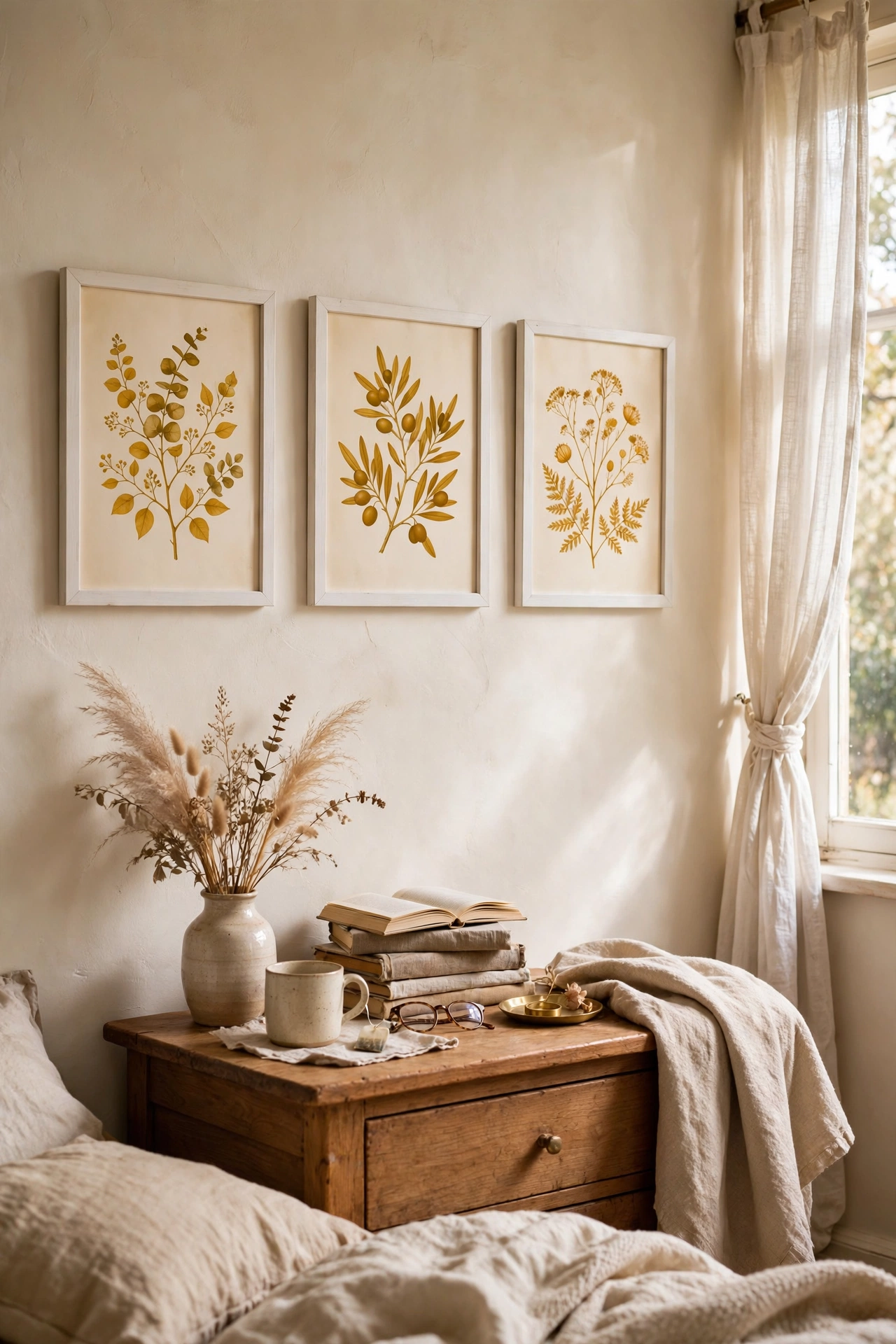 Small gallery wall of mustard botanical prints in white frames over a nightstand