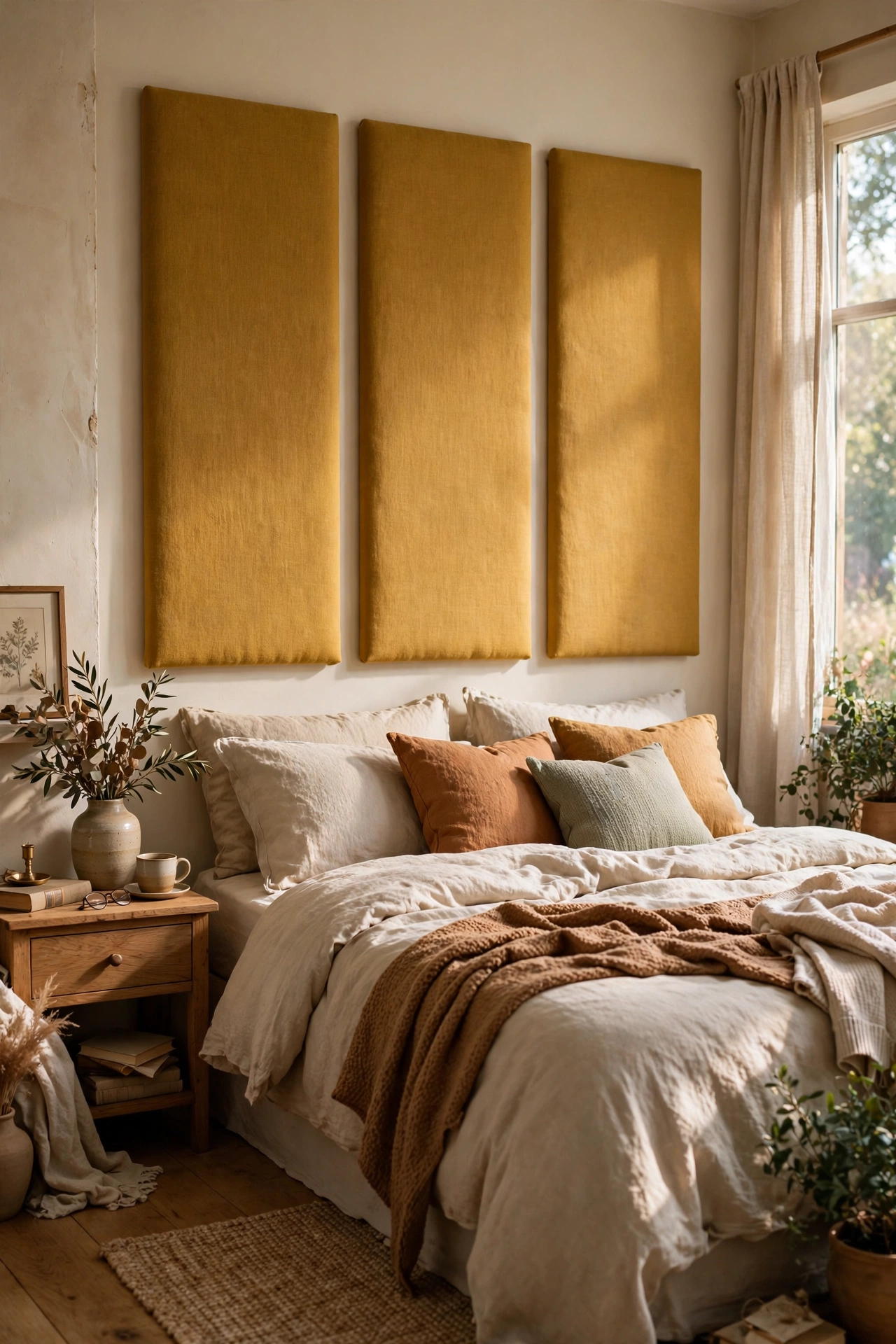 Three mustard linen upholstered wall panels hung behind a bed as a headboard