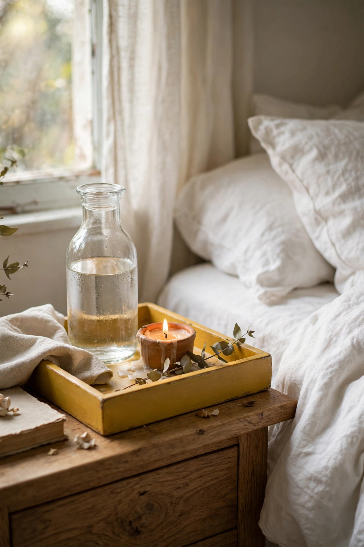 Mustard painted tray with a glass carafe and candle on a nightstand