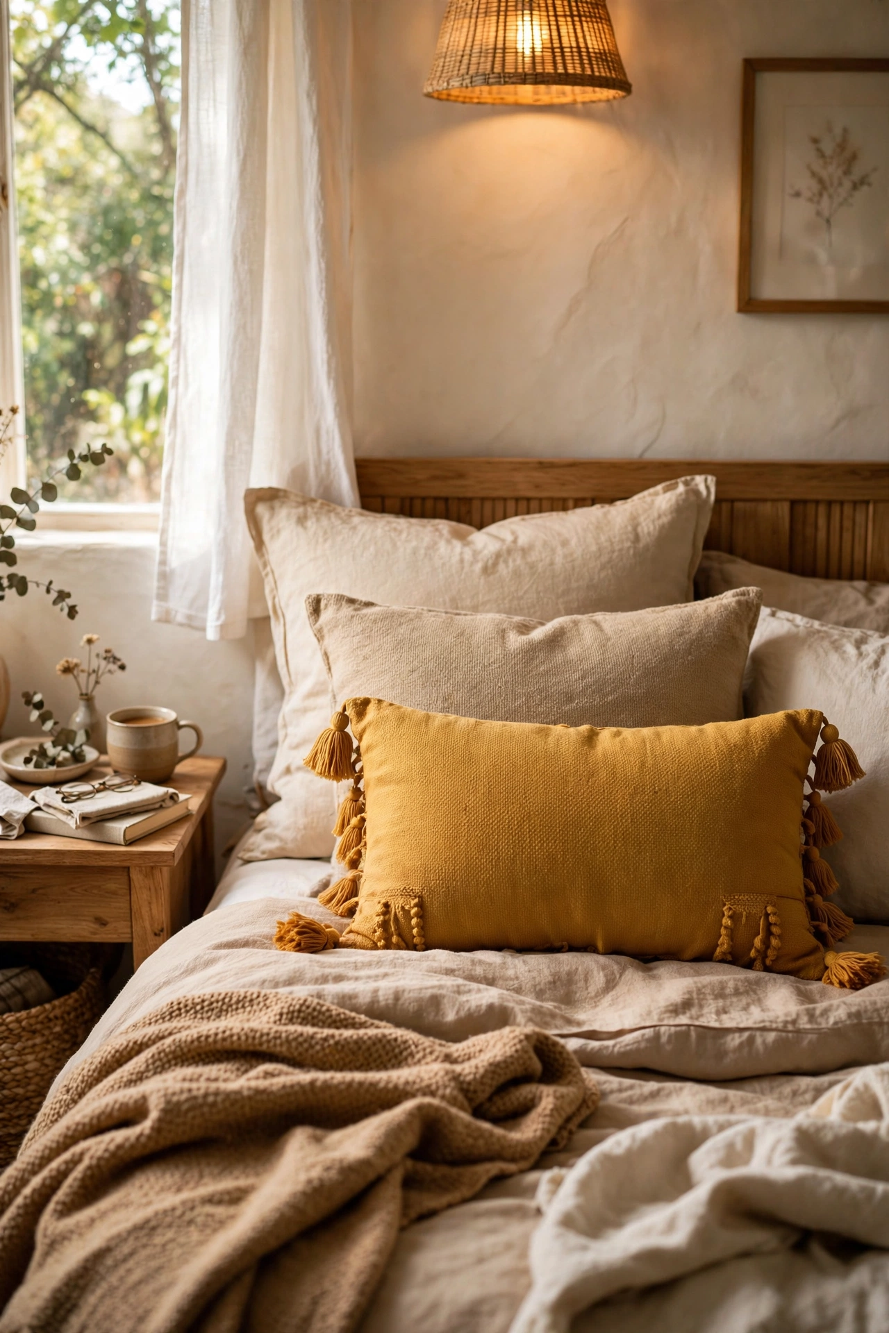Mustard lumbar pillow with tassels centered on a styled bed